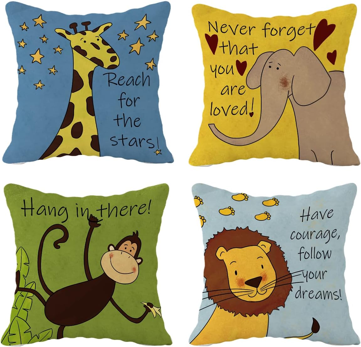FULSOE Cute Cartoon Giraffe Elephant Monkey Lion Throw Pillow Covers 18x18 Set of 4 - Kids Nursery Playroom Decor Gifts