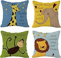 FULSOE Cute Cartoon Giraffe Elephant Monkey Lion Throw Pillow Covers 18x18 Set of 4 - Kids Nursery Playroom Decor Gifts