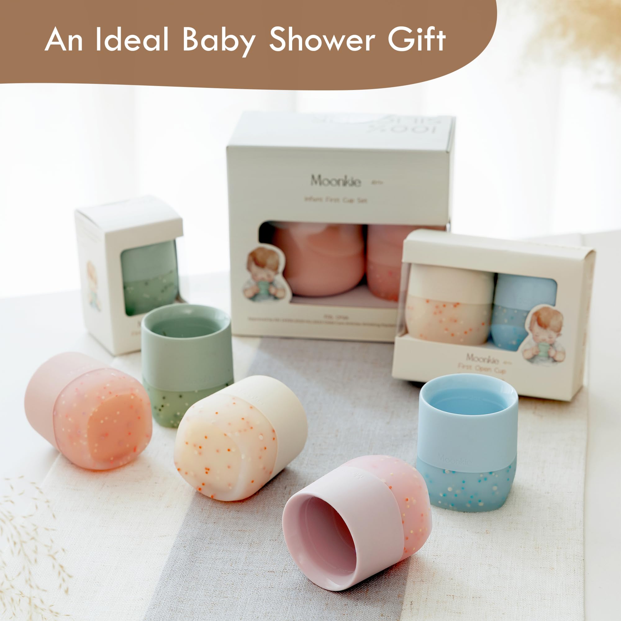 Moonkie Verre Bebe 60ml, Lot de 2 Gobelets en Silicone avec Base Lestée, Tasse Bebe Ouverte pour 4 Mois+, Sans BPA, Compatible Lave-Vaisselle & Micro-ondes(Éther/Menthe)
