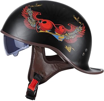 Adult Motorcycle Half Helmet DOT/ECE Approved Men Women German Style Half Face Helmet with UV Visor for Scooter Moped Cruiser Motorcycle Skull Cap Vintage Helmet-A||XL