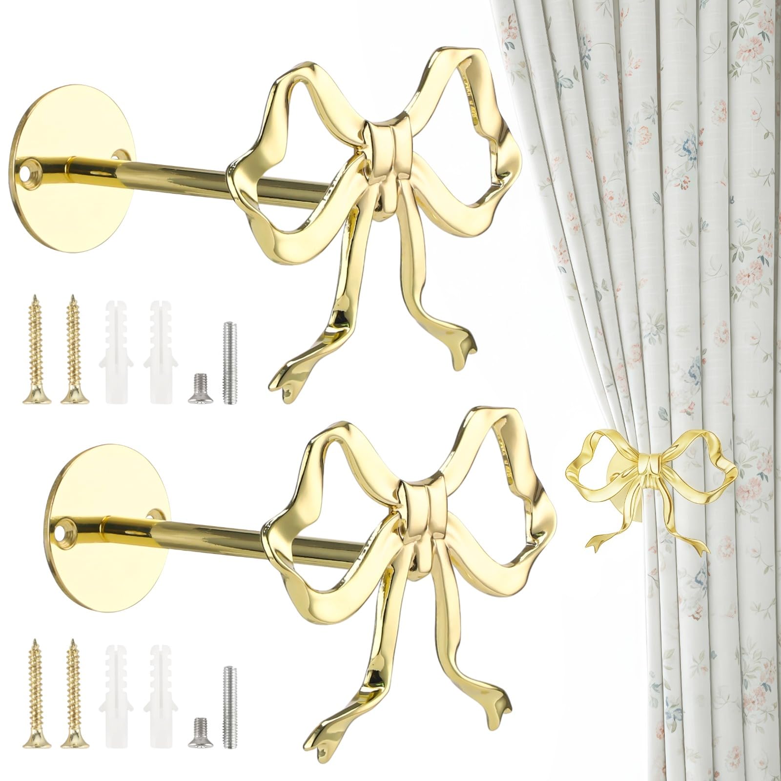 2 STK. Schleifengardinenhalter, Goldene Metallschleife für Vorhänge, Wandmontierte Schleifengardinen-Binder, Dekorativer Vorhanghalter für Wohnzimmer, Schlafzimmer, Büro, Heimfenster