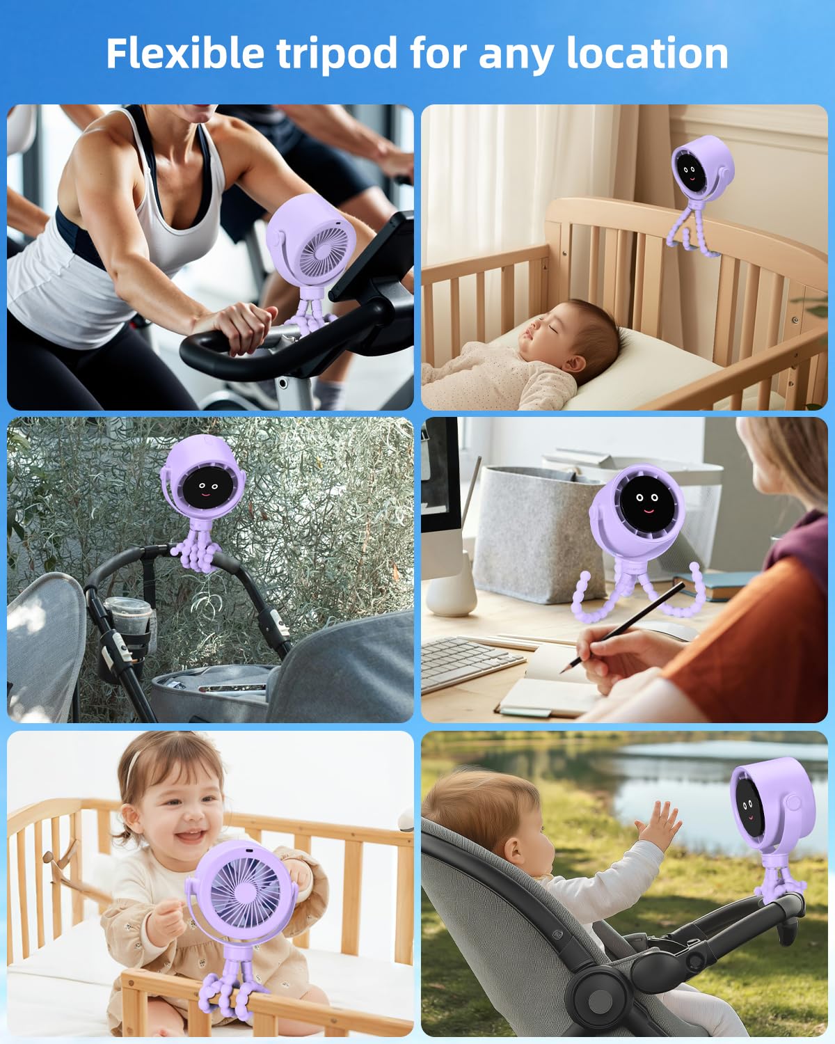 Akejrym Ventilatore per passeggino portatile, ventilatore personale da viaggio, Air Turbo Tech e display digitale, rimovibile a 5 velocità, ricaricabile, rotazione a 360°, treppiede flessibile, per