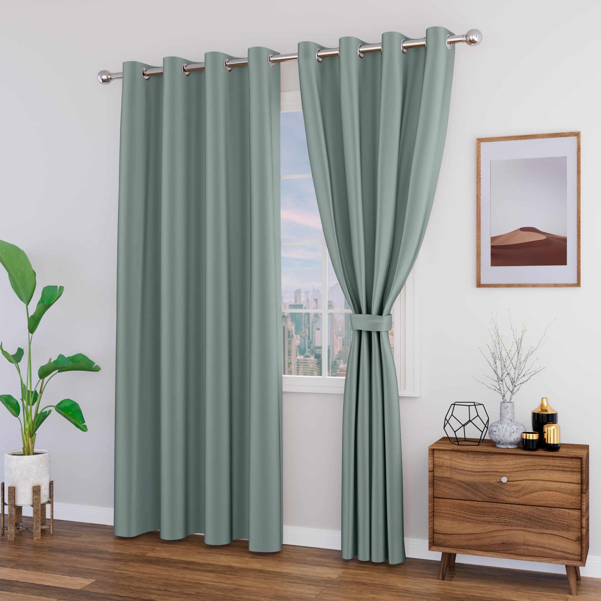 90% Blackout Door Curtains with Tie Back 7 feet 2 Pcs| Room Darkening, Thermal Insulated, Noise Reducing Heavy Polyester Solid Curtains (Grey Colour)