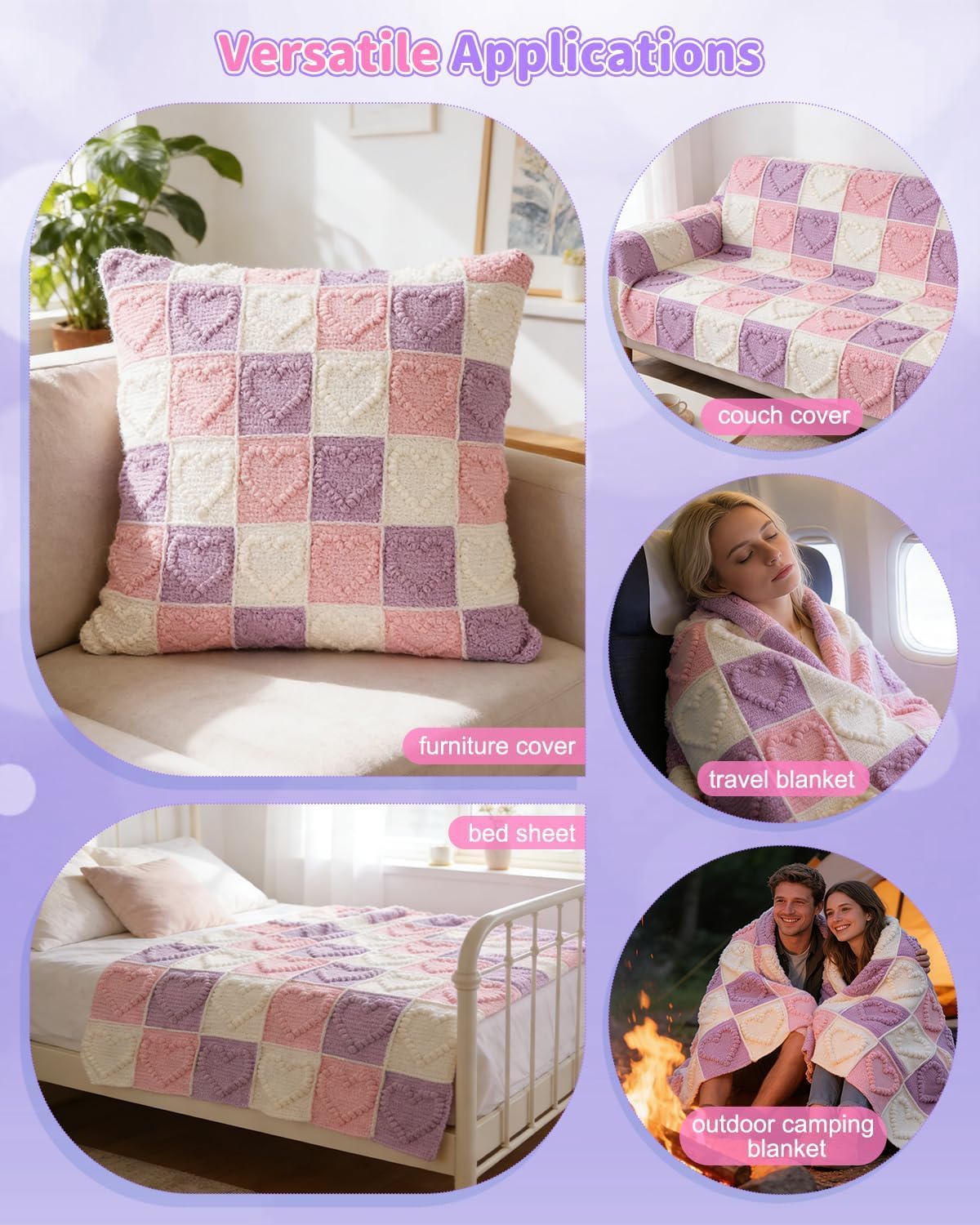 Coopay Häkeldecke Kit, Decke Häkelsets für Anfänger Erwachsene, Komplettes Starter-Häkelset mit Schritt-für-Schritt-Video & genug Garn, einfach zu häkeln 3D Love Granny Square Decke, Rosa-Lila