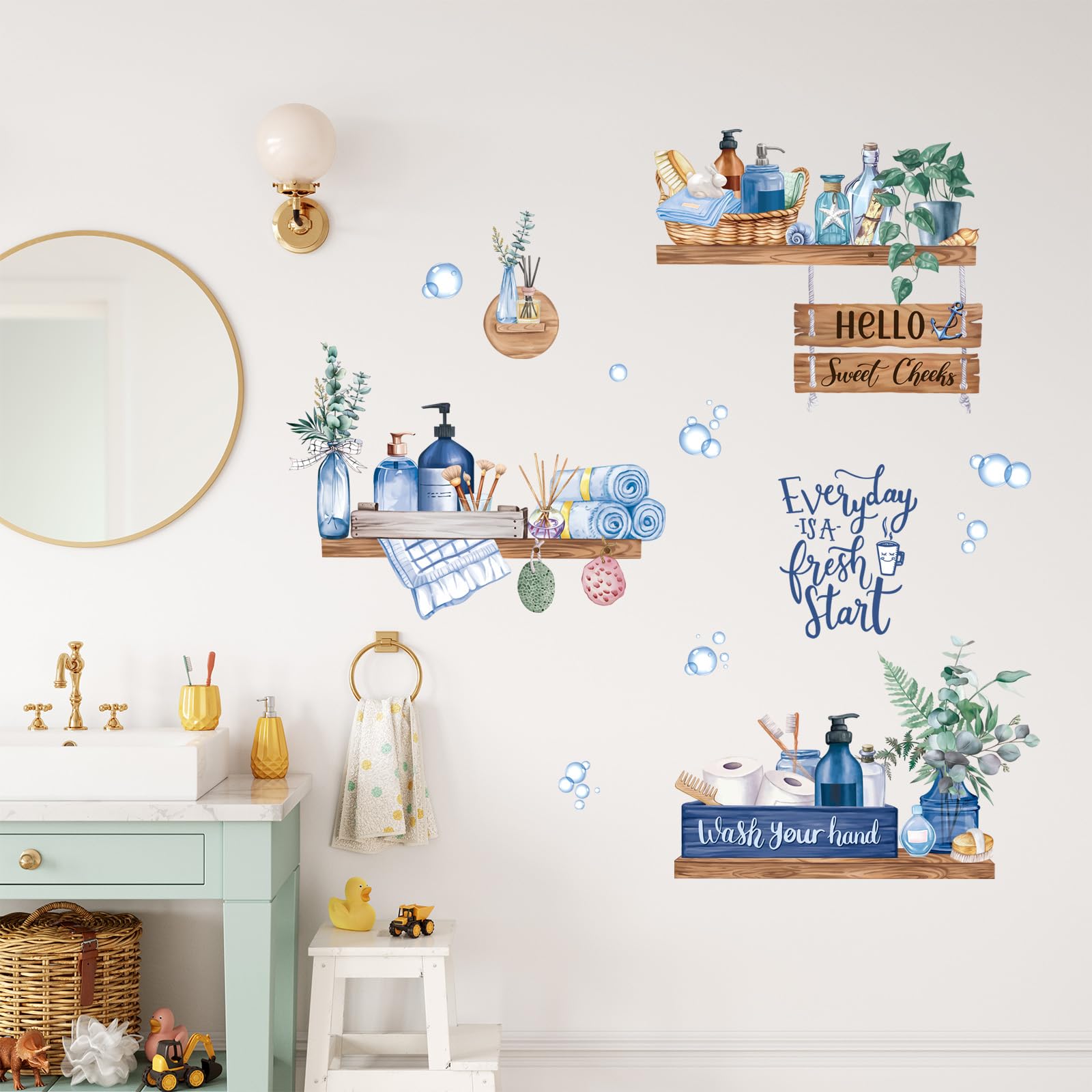 FUFUQUARE 3D Bathroom Wall Stickers Waterproof Blue Towel Shelf Toiletries Bbubbles Wall Decals DIY PVC Positive Quote Wallpaper for Bedroom Restroom Toilet - Image 3