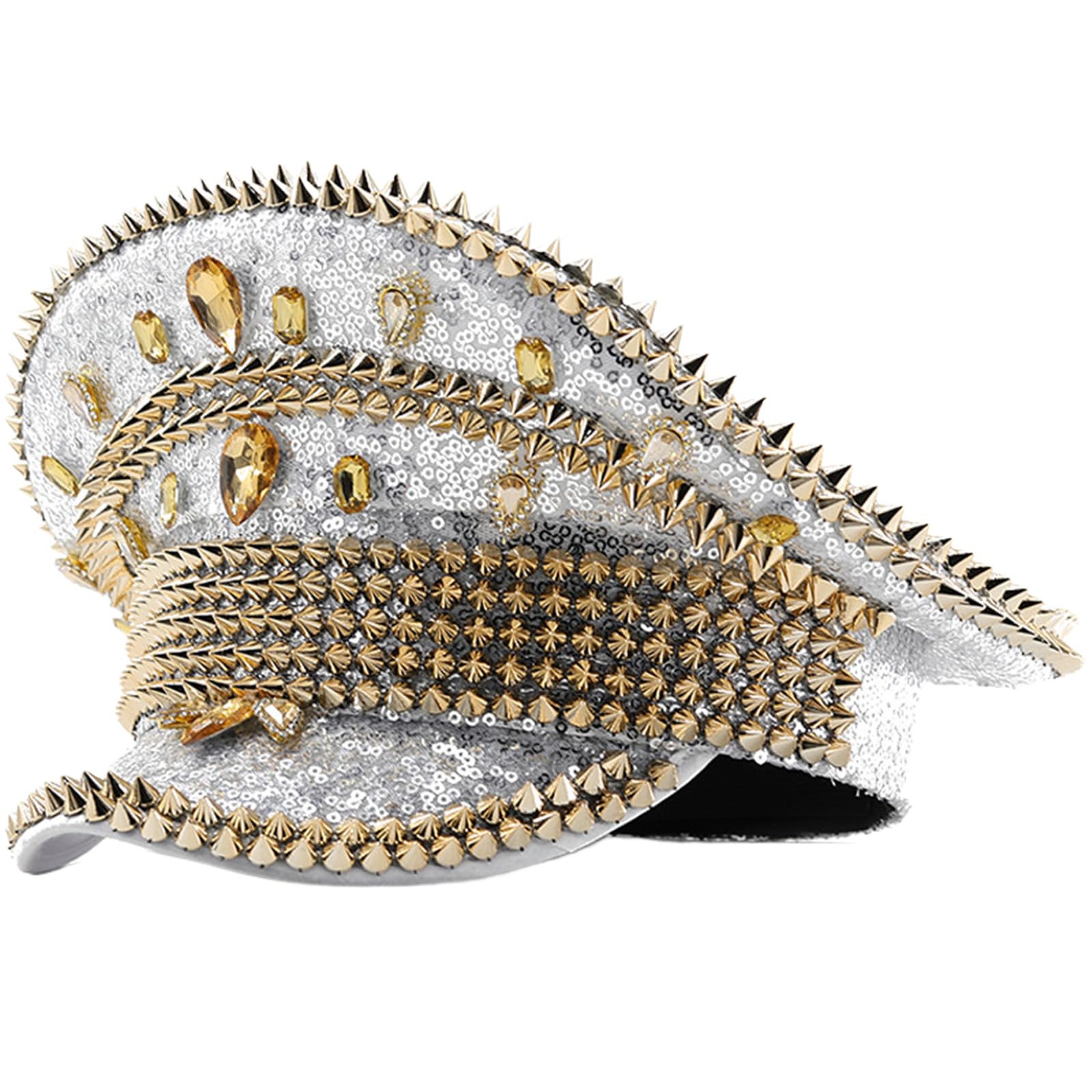 Bflky Men's Silver Sparkling Captain Hat Heavy Crystal Sequins Rivets Hat For Wedding Party Captain Hat Bride Hat For Actor Actress