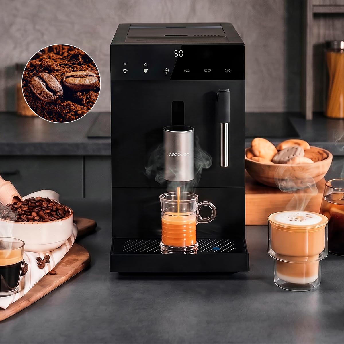 Cecotec Macchina da Caffè Superautomatica Compatta con Montalatte Cremmaet Compact Elite. 1350W, 19bar, Sistema Thermoblock, Contenitore Caffè in Grani 120 g con Macinacaffè e Serbatoio 1,1L