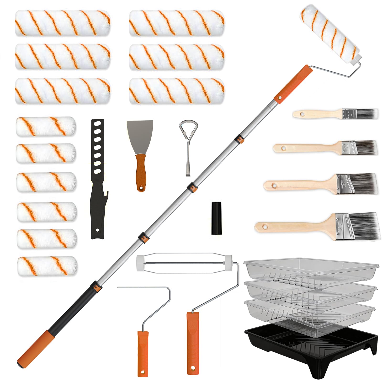 Sisupassie Orange Paint Roller Set With 0.3-1.3M Extension Pole, 27 Piece Paint Rollers And Trays Sets For Painting, 23Cm 10Cm Roller Sets For Walls, Ceiling, Door