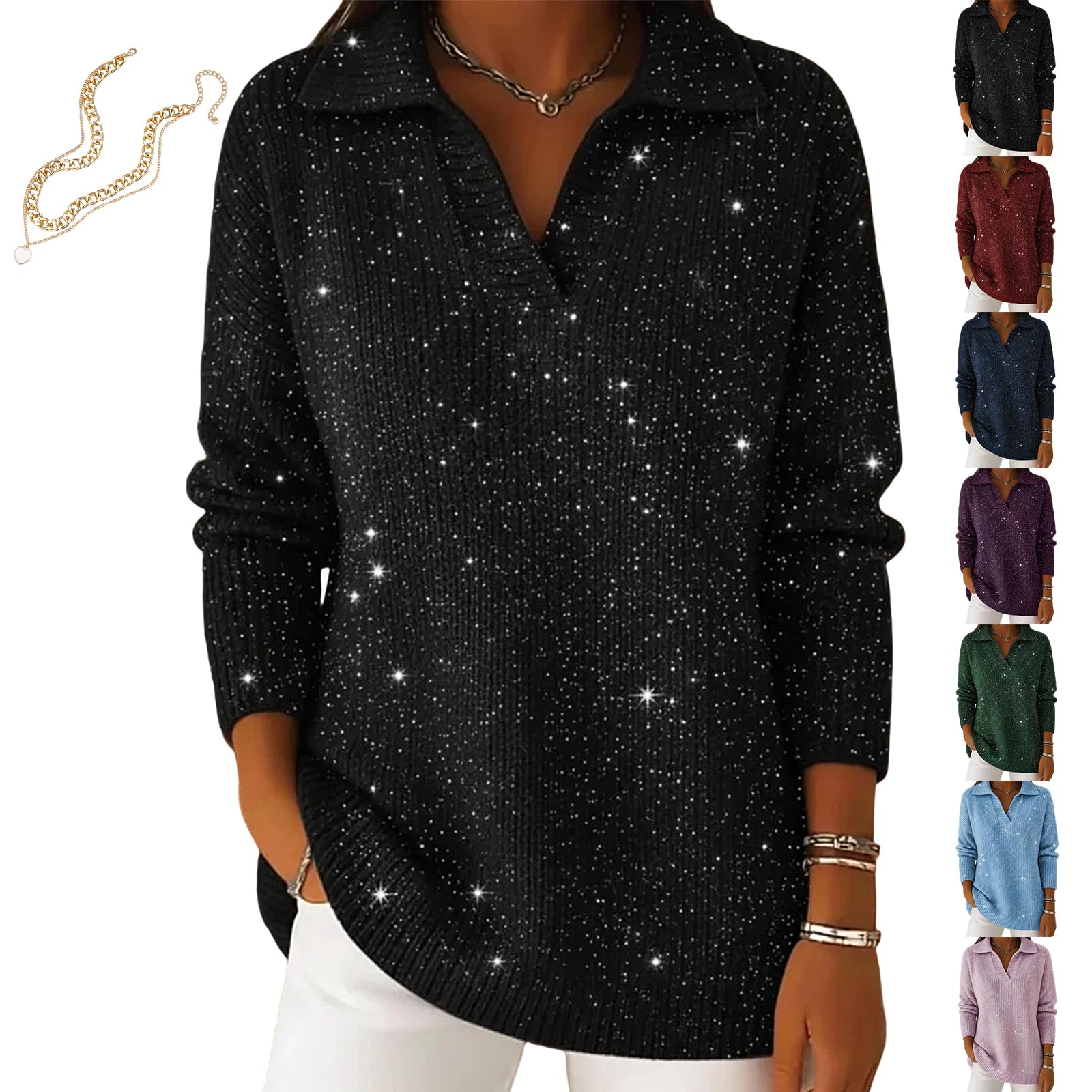 Womens Christmas Party Polo Collar Shiny Loose Sweater Top Elegant V Neck Long Sleeve Glitter Sparkly Sweater
