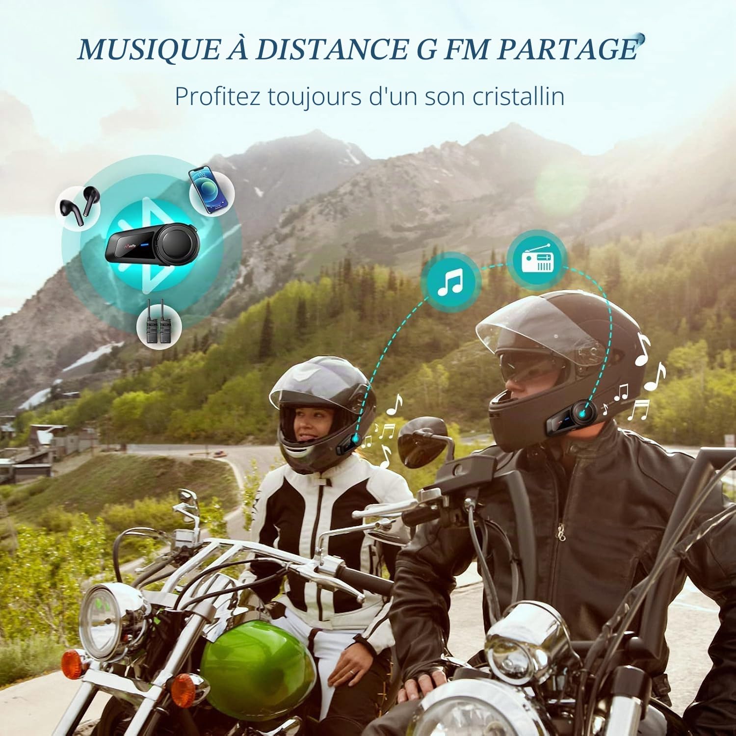 MAXTO Intercom Moto Kit Bluetooth Casque, M2 2-6 Riders 1000M Kit Main Libre Appairage Universel, BT5.0 Ecouteur avec Suppression du Bruit, IP67 étanche, Partage de Musique