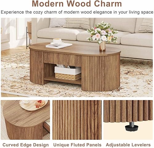 Miniatura 4 de FATORRI Mesa de café para sala de estar con almacenamiento, mesa central moderna de madera con cajón, mesas de sala de estar ovaladas de estilo