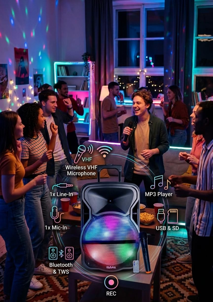 Enceinte amplifiée 600W PMPO Karma DEEP-12 avec Microphone sans Fil VHF USB Bluetooth TWS, Enregistrement, Boomer LED RVB