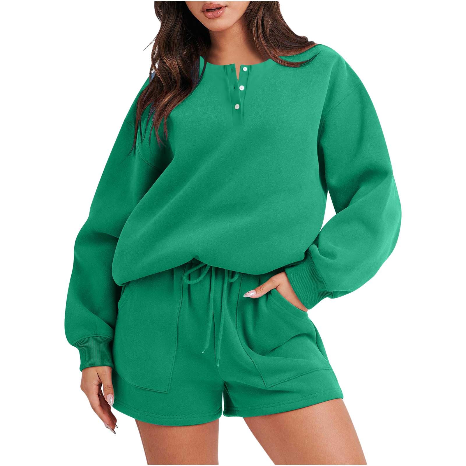 Lounge Sets for Women 2 Piece Sweatsuits Casual Fall Outfits Button Pullover Tops and Shorts Set Comfy Loungewear