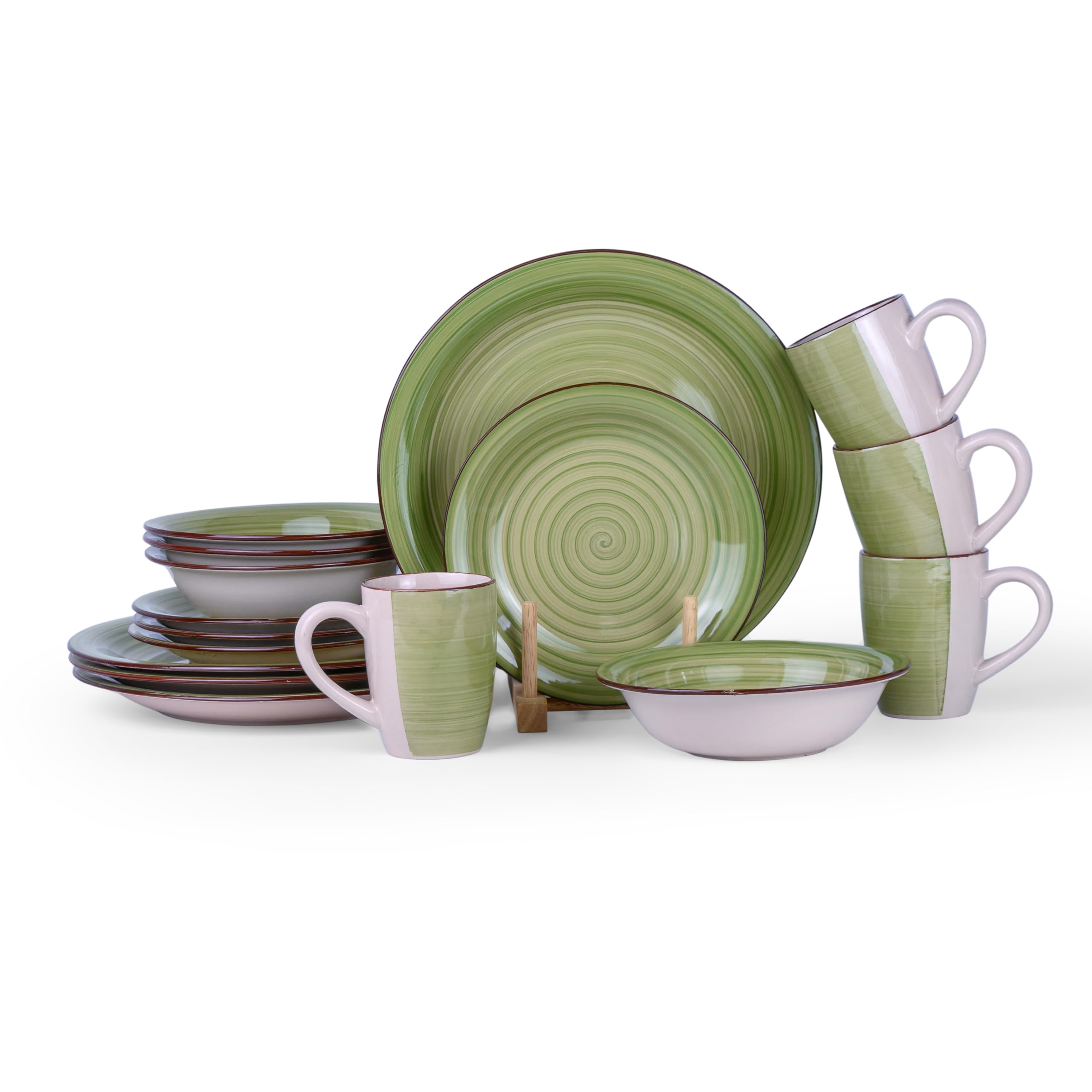 Cuisine Art Cosmic Hand-Painted Stoneware 16pcs Dinner Set – Green | 4 Dinner Plates (10.5"), 4 Dessert Plates (7.5"), 4 Soup Bowls (7"), 4 Mugs (9oz) Elegant & Durable Tableware for Home & Kitchen