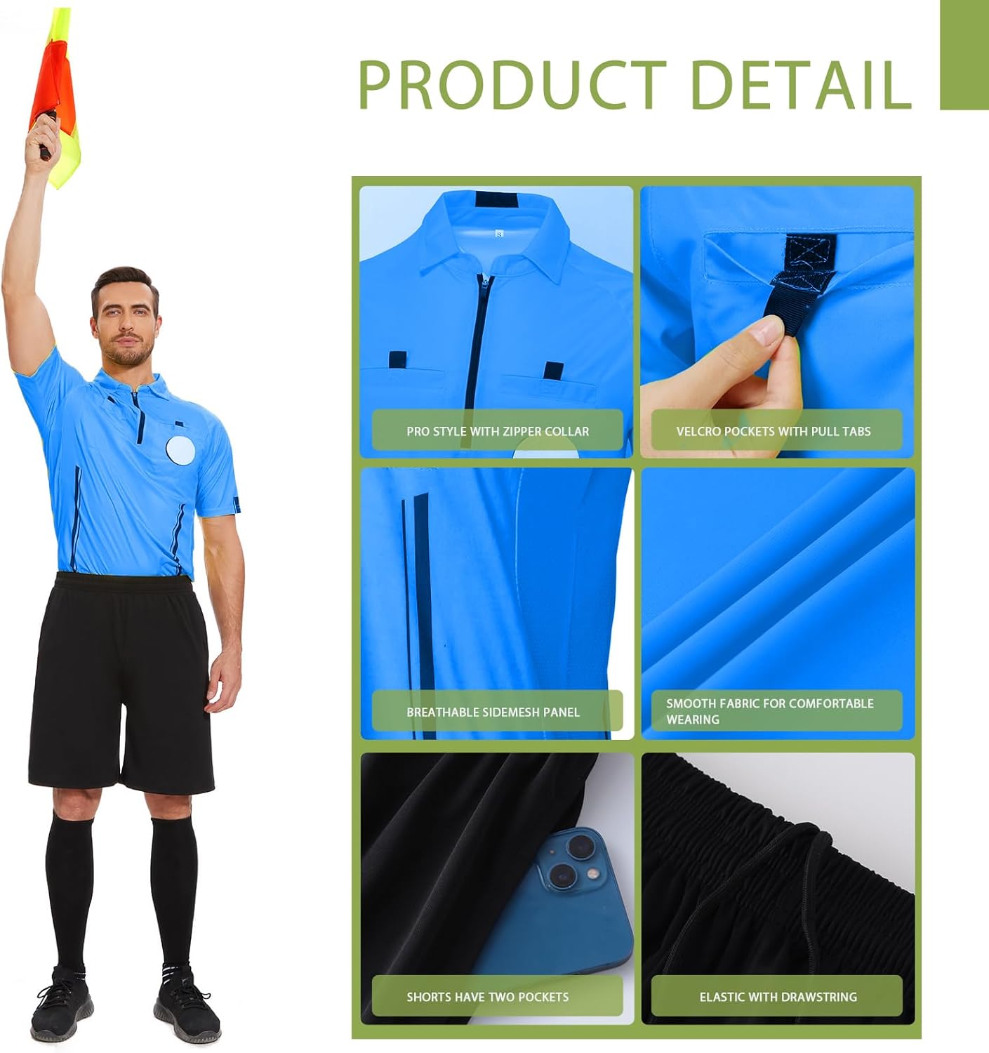 redgino Soccer Referee Kit Pro Soccer Referee Shirt Jersey,Ref Costume Shorts,Coach Whistle,Referee Socks, Linesman Flags and Cards Umpire Uniform Sport Accessory for Adult Teenager - Image 4