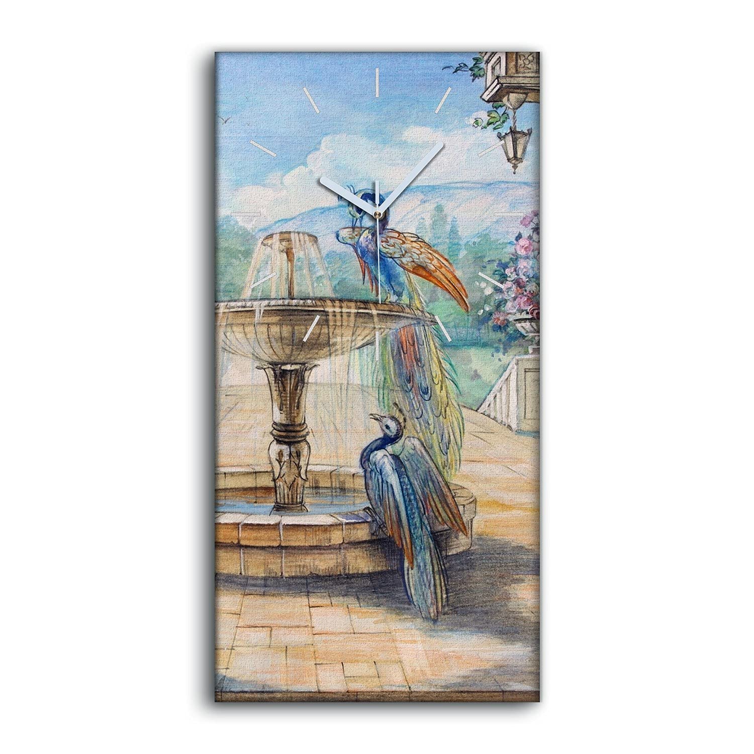 Horloge sur Toile sans Bruit pour Chambre et Bureau Tableau Mural Silencieux Fleurs Paon