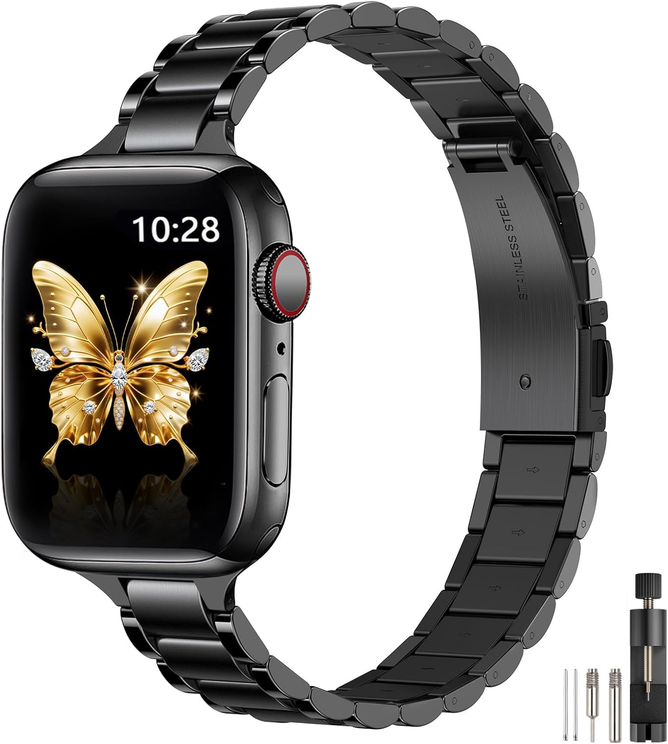 WFEAGL Thin Metal Bands Compatible with Apple Watch Band 46mm 45mm 44mm 49mm 42mm (Series 3 2 1) for Women, Slim Stainless Steel Wristbands for iWatch Ultra SE Series 11 10 9 8 7 6 5 4 (Black)