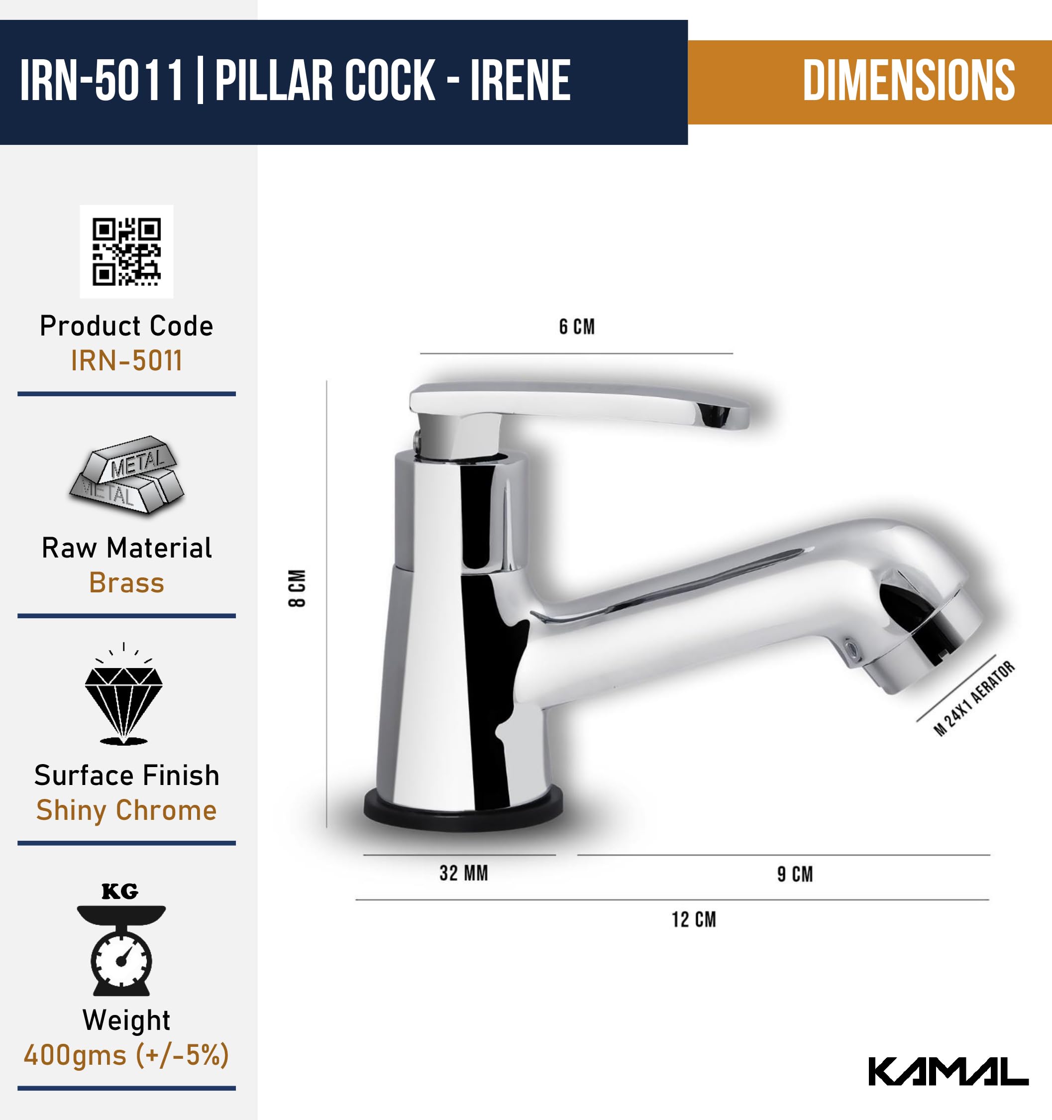 Kamal Irene Brass Bathroom Tap - Chrome Finish -9