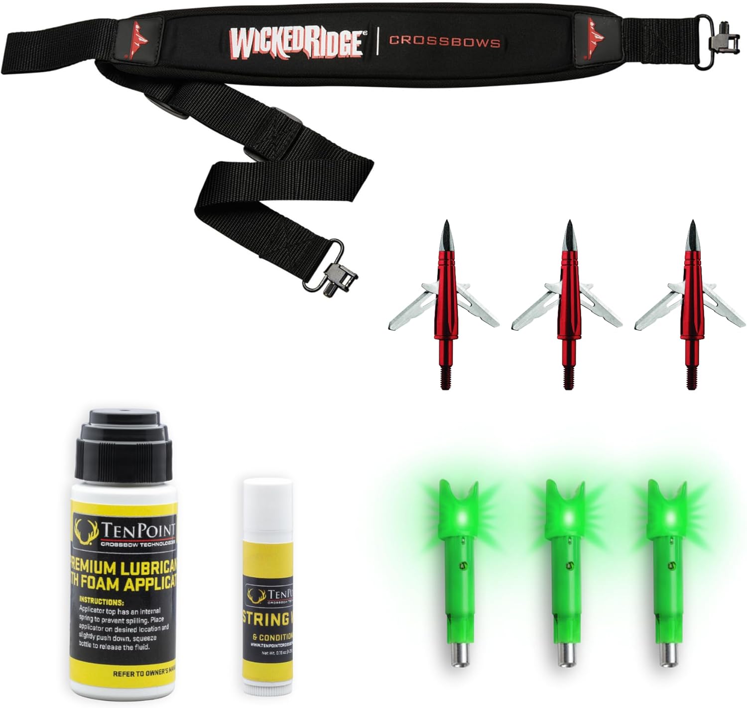 Wicked Ridge Ready-to-Hunt Accessory Package - Includes Three Alpha-Blaze Lighted Nocks (Green), Three EVO-X CenterPunch Broadheads, Sling, String Wax & Conditioner + Premium Lubricant