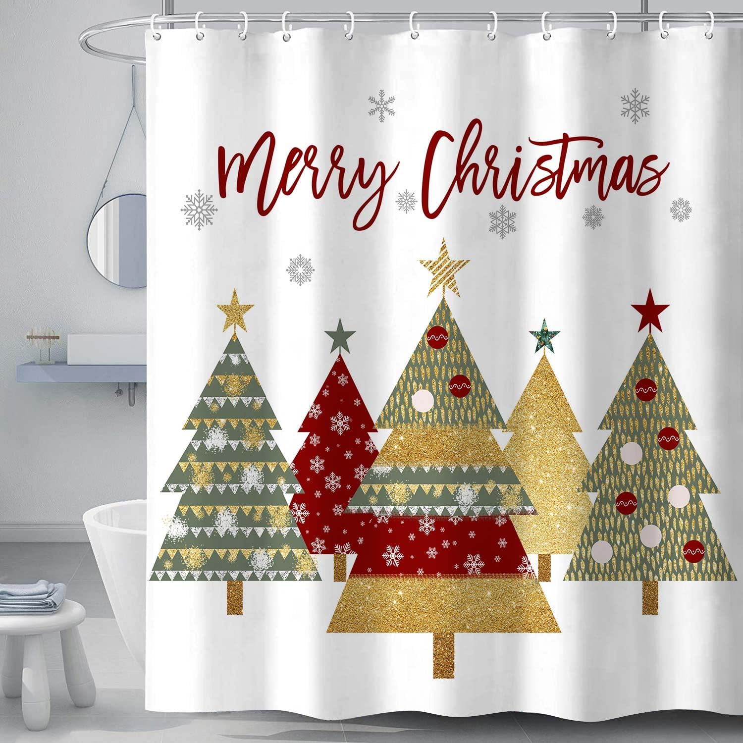 Merry Christmas Shower Curtain, Gold Xmas Tree Pine Tree Snowy Scenery Bathroom