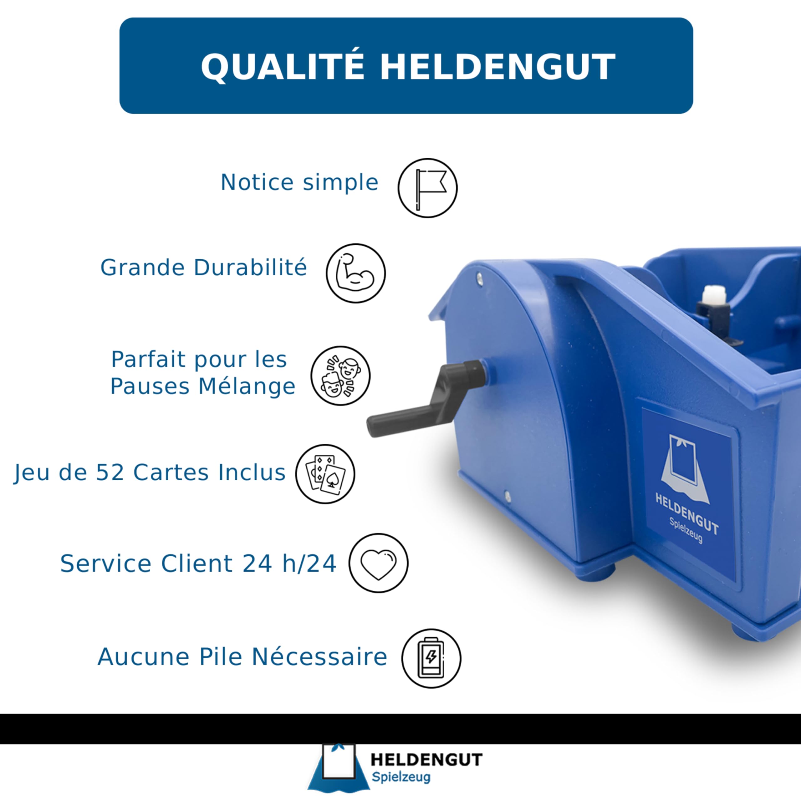 HELDENGUT Mélangeur De Cartes Manuel À Manivelle Pour Poker, Blackjack Et Rami – Machine À Mélanger Sans Piles Bleu