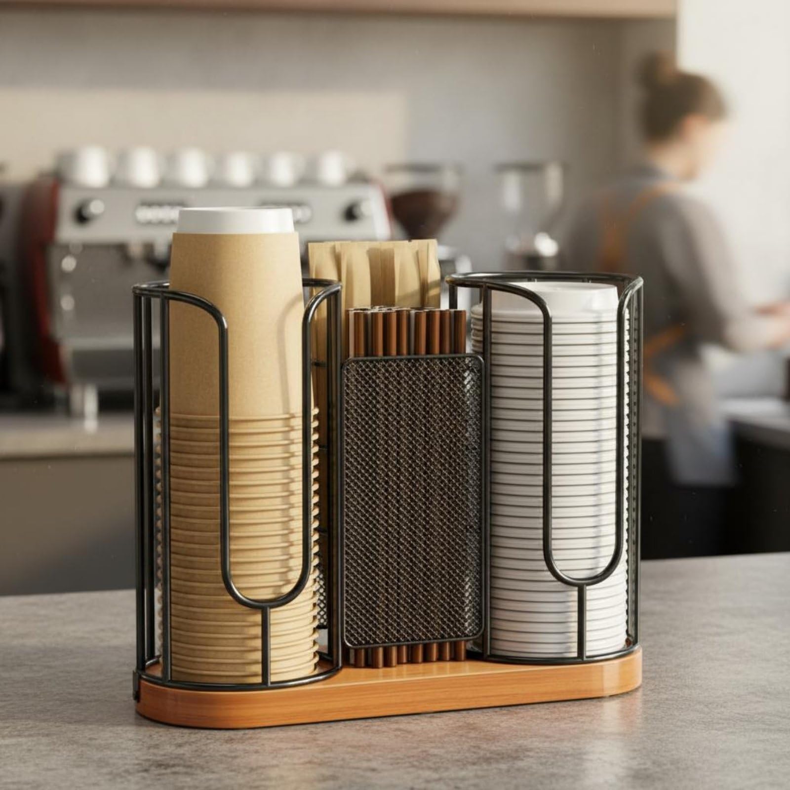 F Fityle Organizador de Escritorio Portavasos Soporte para Tazas Dispensador de Tapas Bandeja para Madera y Metal para Uso Diario Adecuado para Cocina Área de
