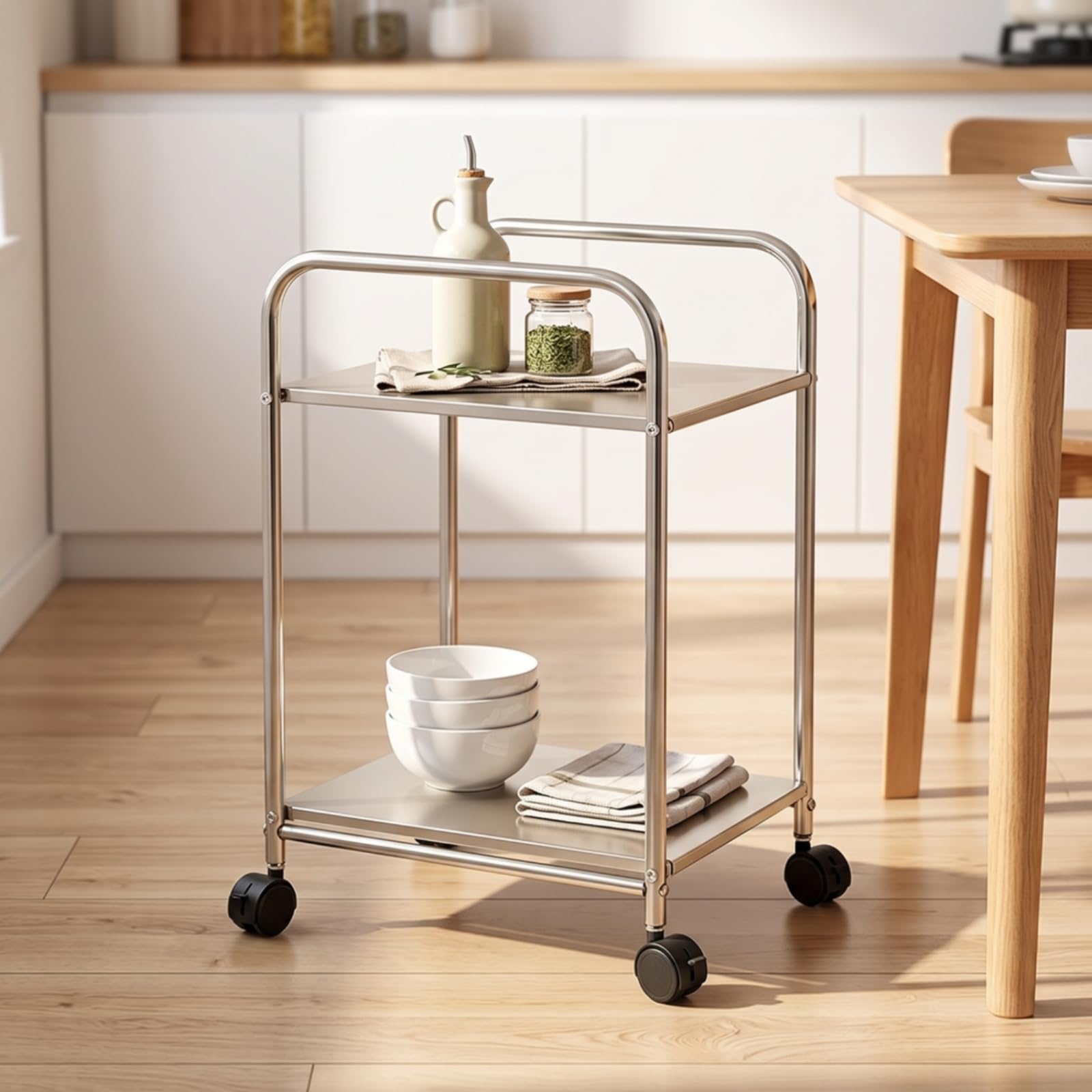 Carro de Almacenamiento Móvil Estantería Organizador Estante Carrito con Estructura de Acero Inoxidable Resistente y Diseño Abierto Ahorrador de, Moderno Simple, Dos Niveles Sin Ruedas