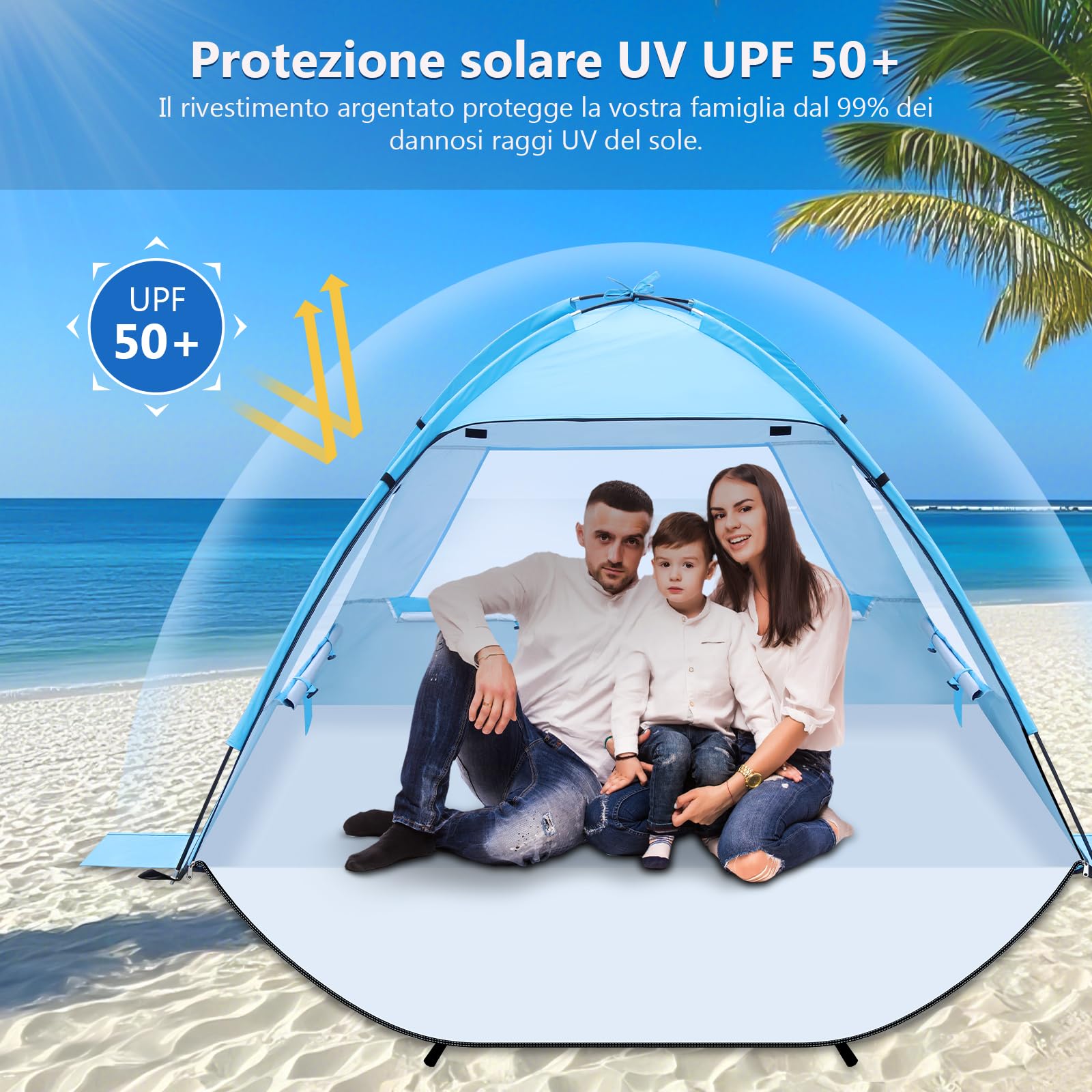 Tenda da Spiaggia e Campeggio, Tenda da Sole UV50+ Pieghevole e Impermeabile, Portatile con Massima Ventilazione e Finestre a Rete, Rifugio Stabile per Bambini e Famiglia