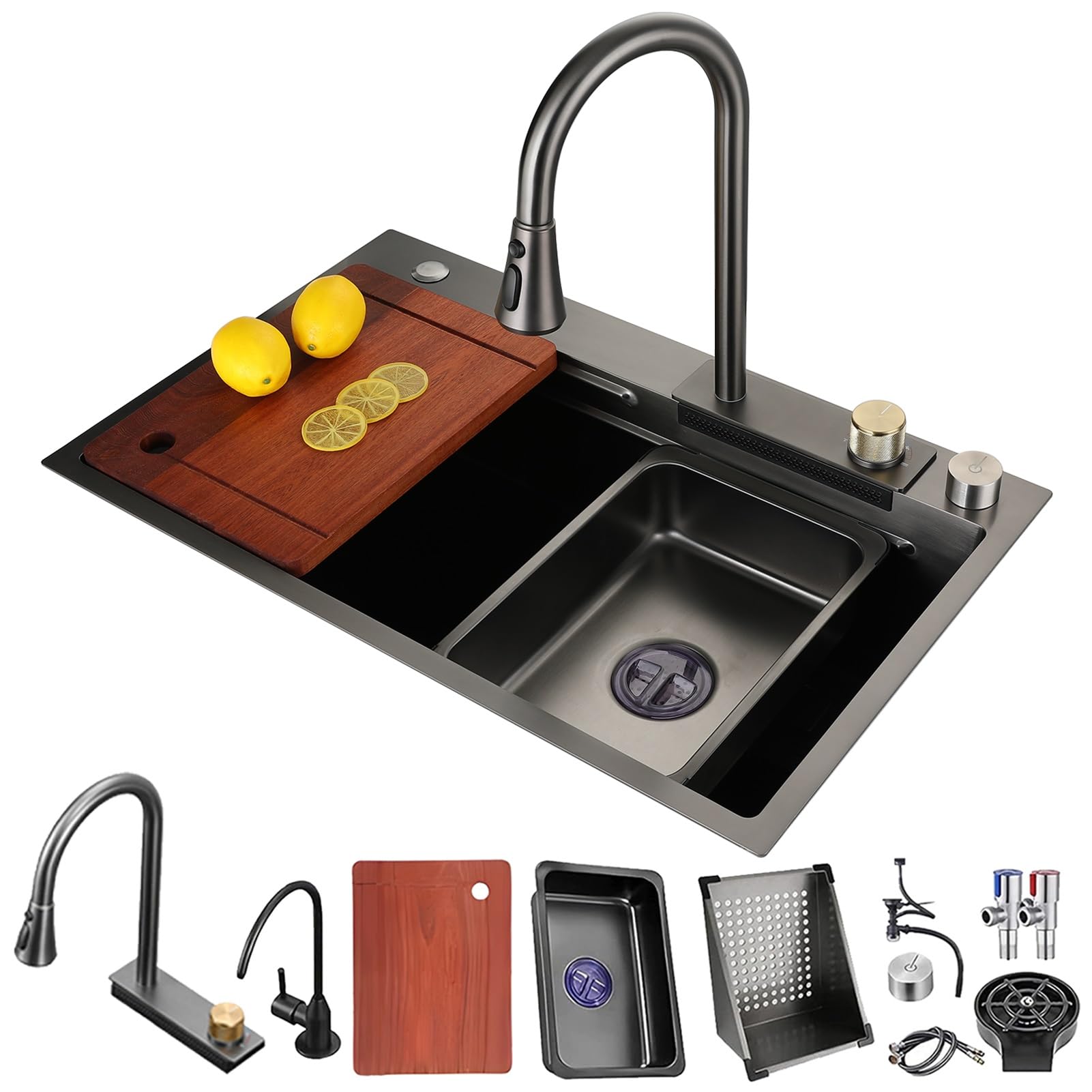 ZQFHSX Black Stainless Steel - Multifunctional Workstation with Extendable Waterfall Tap, High Pressure Cup Rinse, Chopping Board, Siphon Drain Basket, Overflow and Fitting