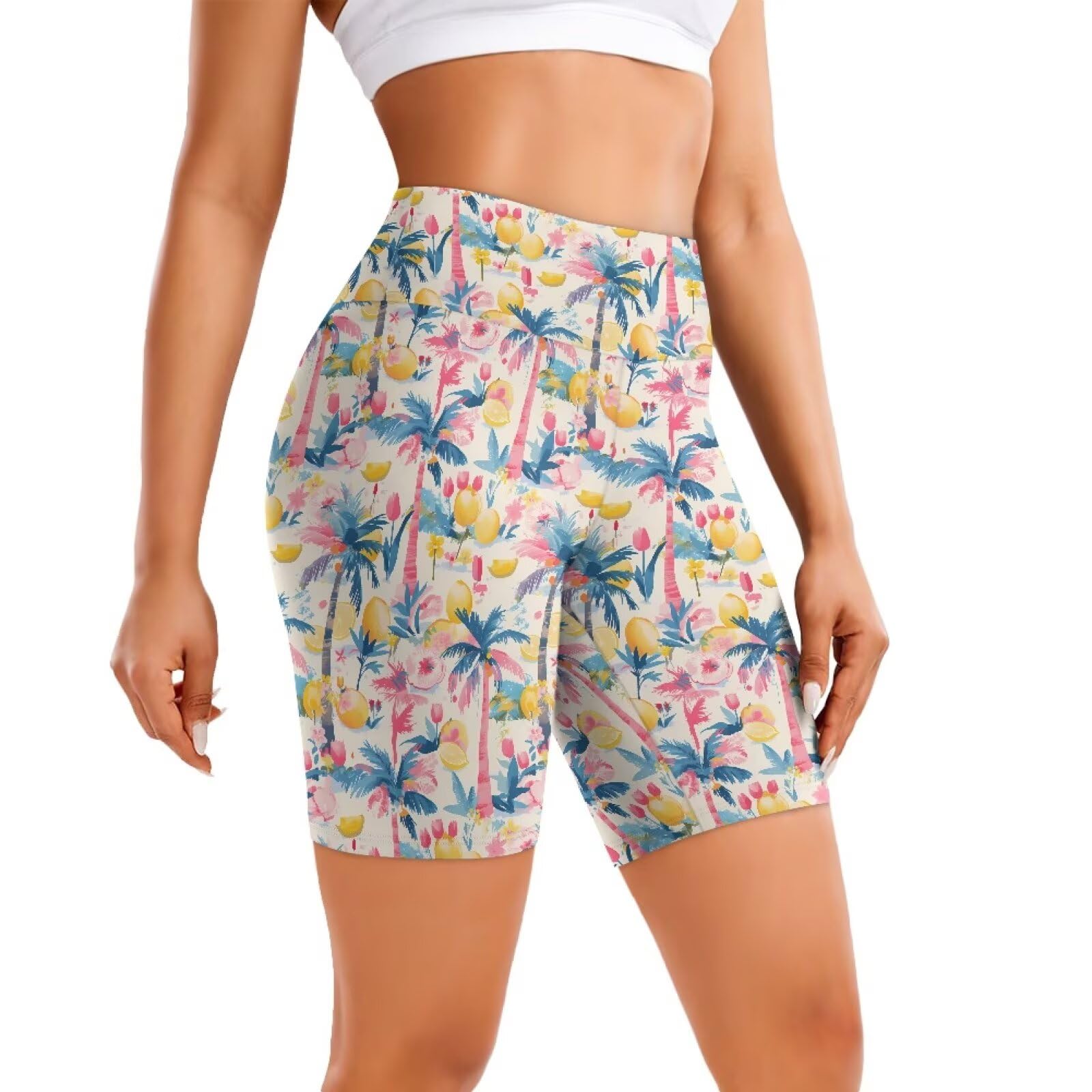 Irisjudy Tropical Fruit Plant High Waist Biker Shorts for Women Banana Pineapple Stretch Butt Lifting Pants Palm Trees Tummy Control Hotpants Booty Shorts