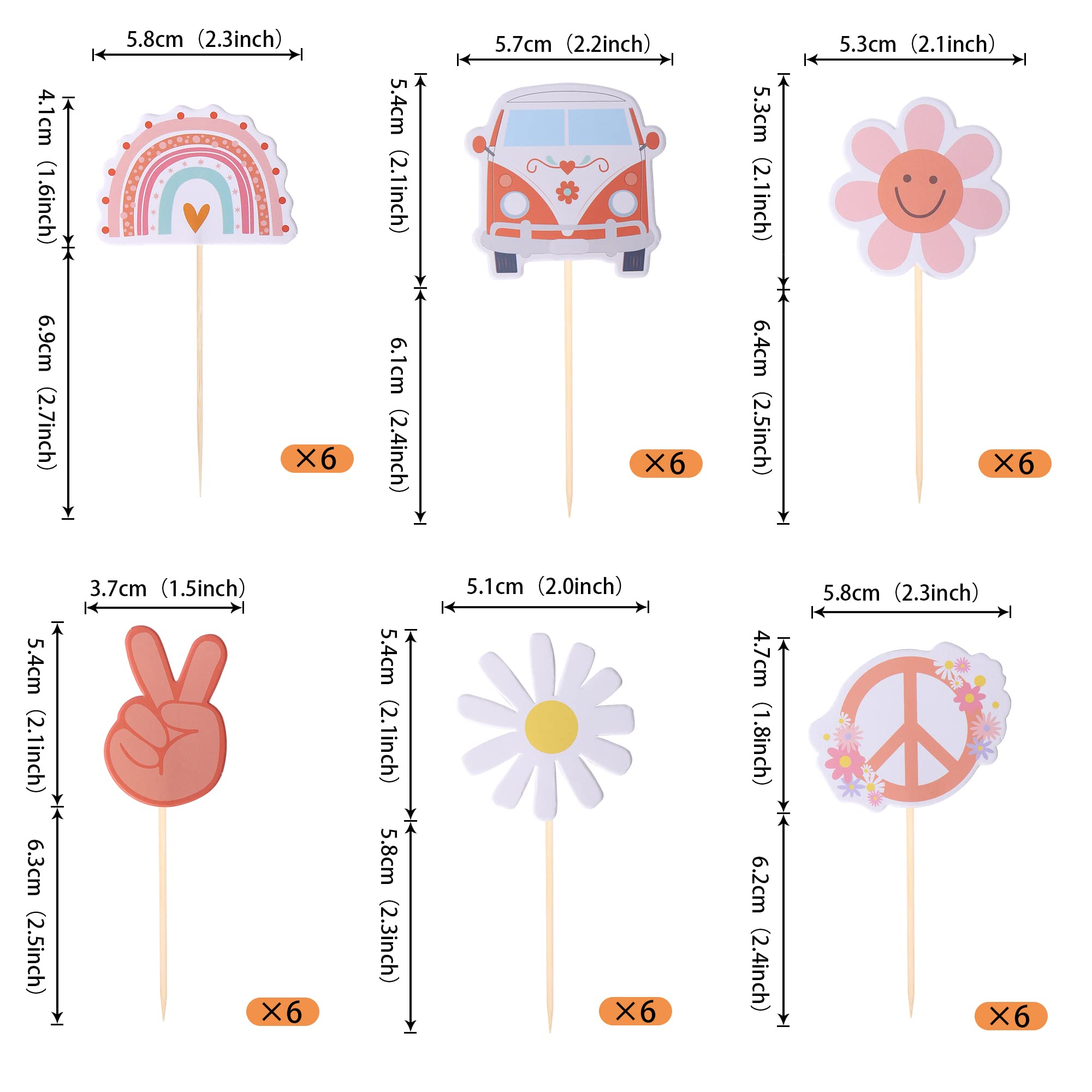 36 Pack Hippie Party Cupcake Toppers 60's Retro Rainbow Peace Sign Bus Two Groovy Carnival Party Cupcake Picks Hippie Theme Boho Birthday Party Cake Decorations Supplies