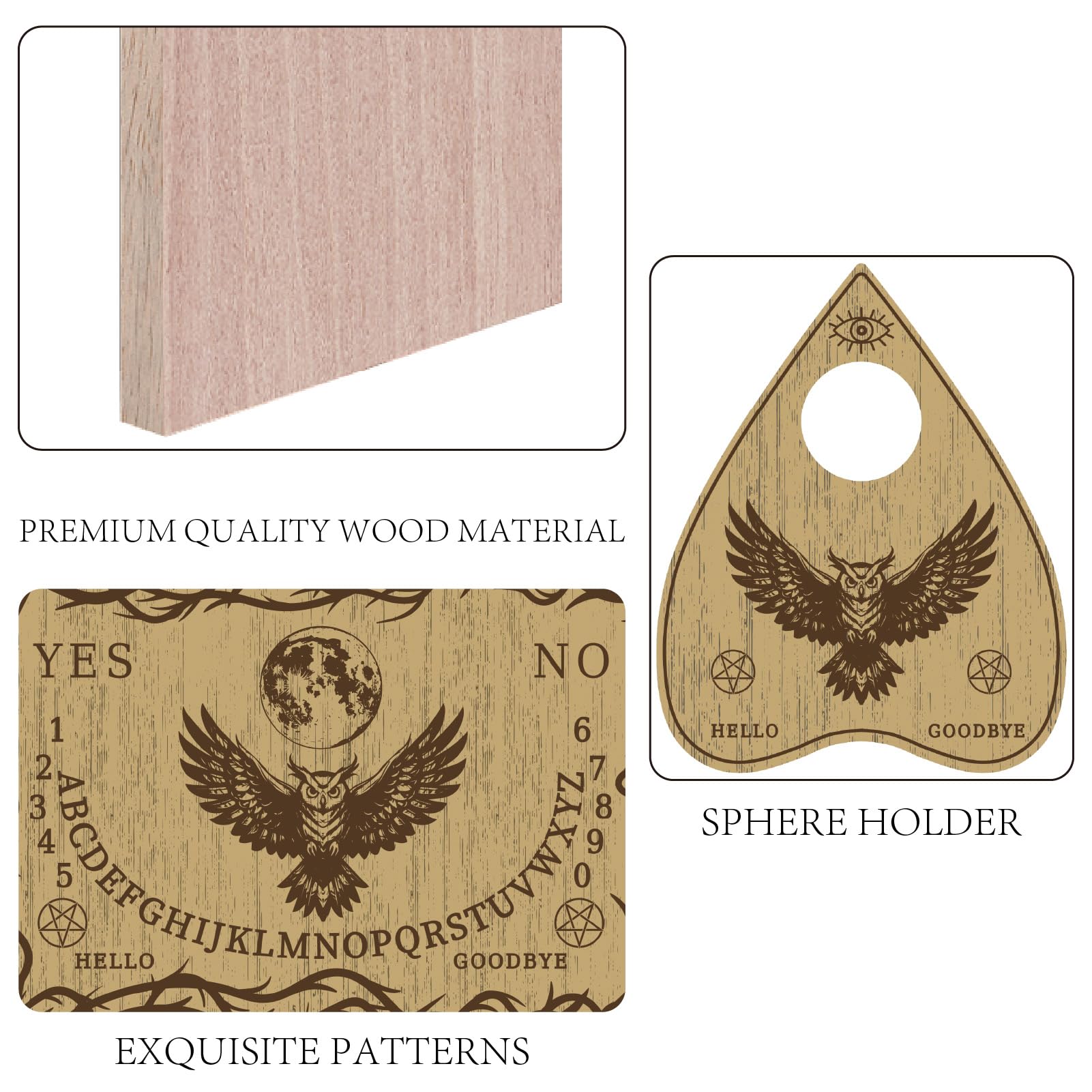 CREATCABIN Wood Spirit Board Divination Pendulum Board Wooden Vintage Owl Rectangle Word Heart Talking Hunt Dowsing Metaphysical Message Planchette Tool for Wicca Pagan Party supplies 11.8 x 8.3 Inch - Image 3