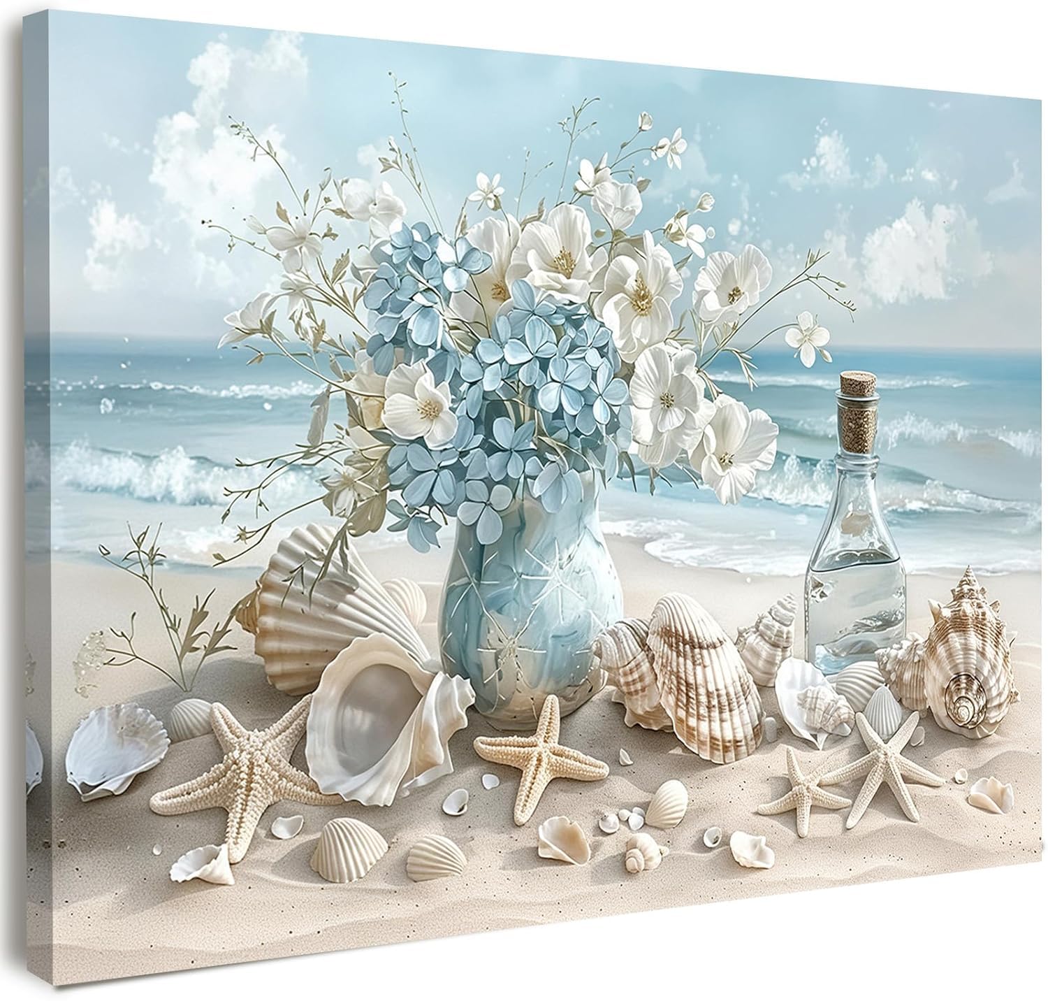 Wall Art Coastal Canvas Wall Print with Pre-Mounted Frame and Hanging Hooks Beach Style Bedroom or Living Room Decor Framed Picture with Seashells and Flowers for Hallway or Staircase 16 x 20 inch