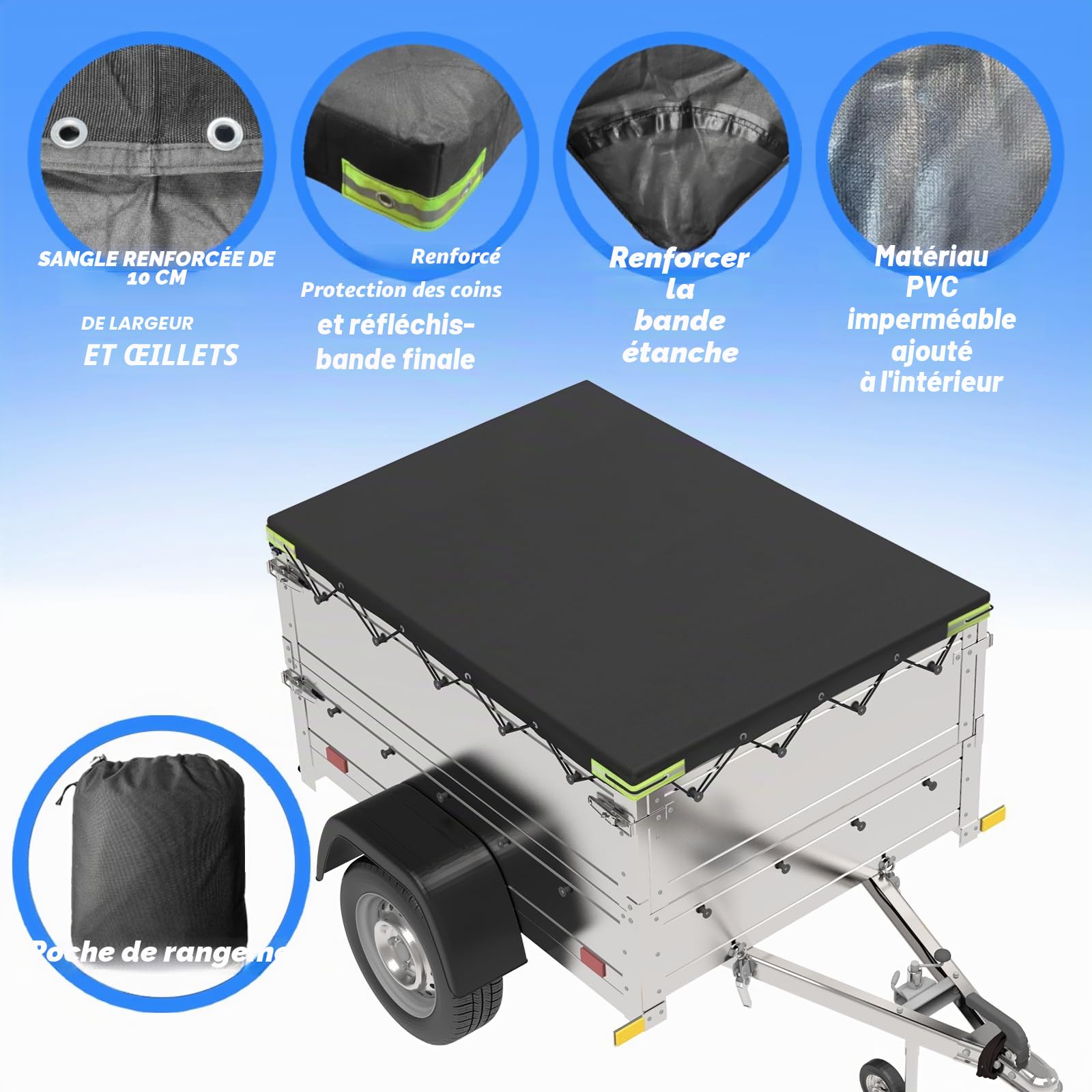 Bâche de protection plate pour remorque - 258 x 136 x 10 cm - En PVC renforcé, imperméable et indéchirable - Bâche idéale pour Stema Böckmann - 750 kg - Bâche de voiture et plus - Noir