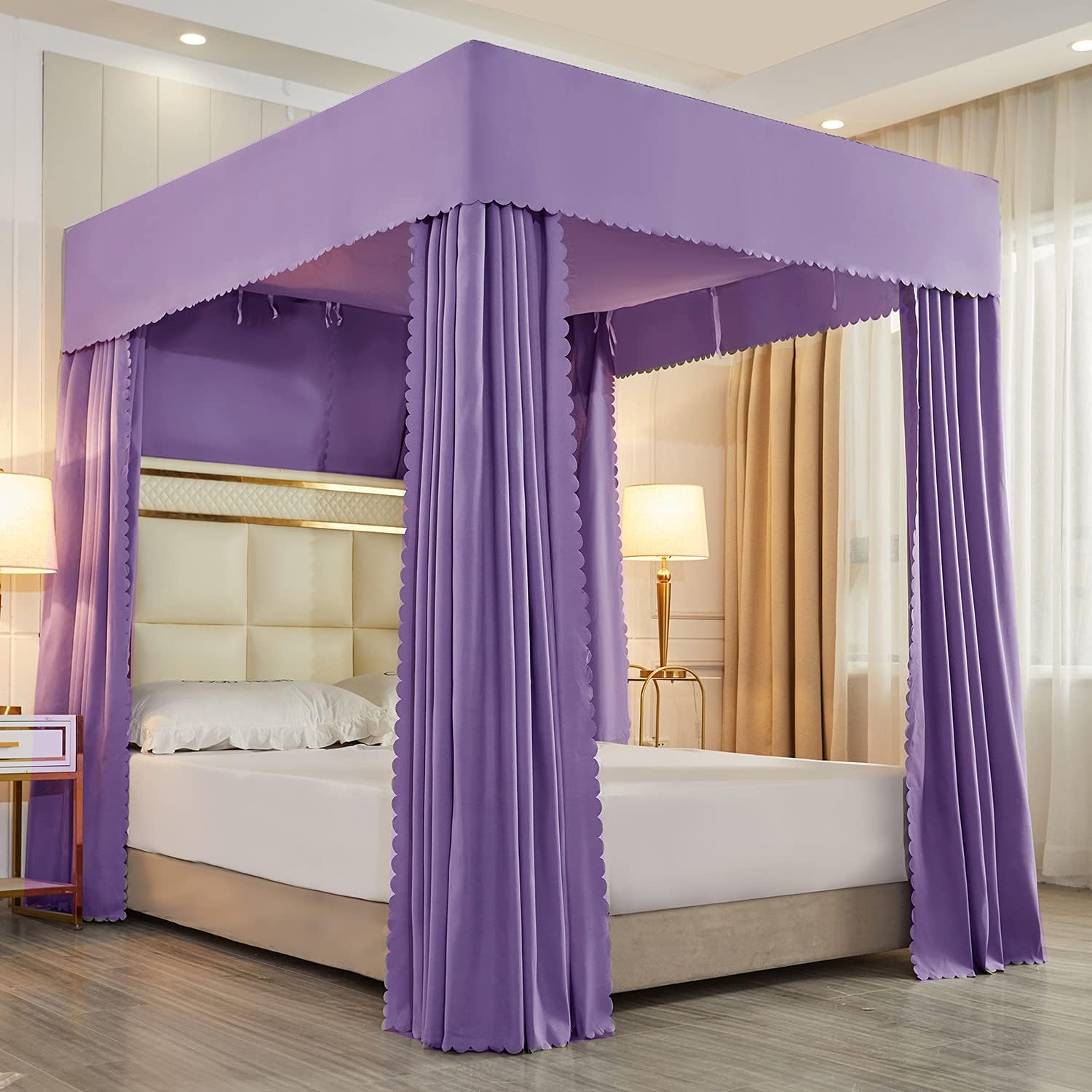 Mengersi Black Canopy Bed Curtains-4 Corner Post Bed Canopy Curtains Bedroom Decoration,Not Include Poles (King, Purple)