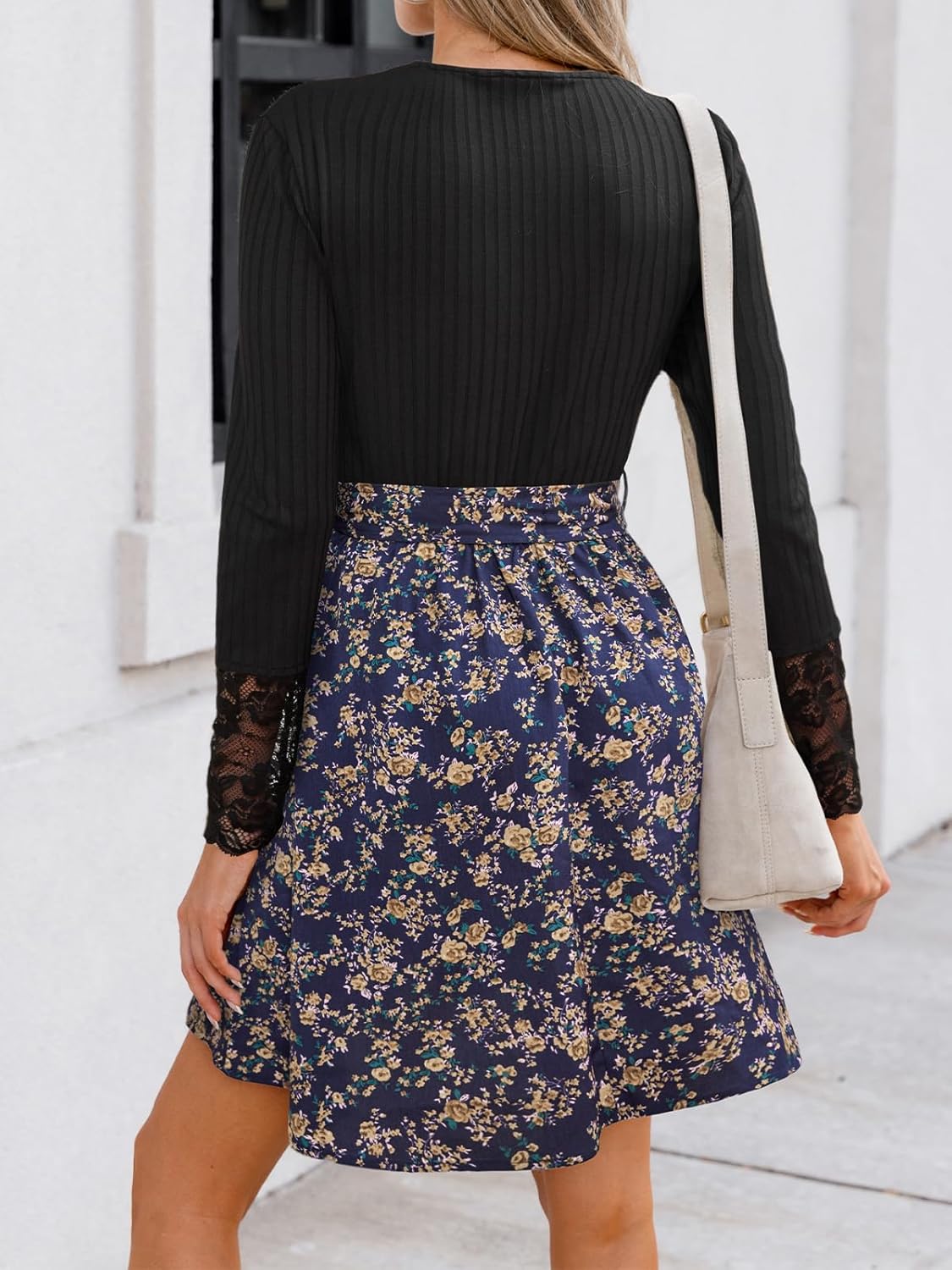 CUPSHE Women's Floral Ruffled Mini Dress V Neck Long Sleeve Waist Tie Lace Trim Casual Dresses - Image 2