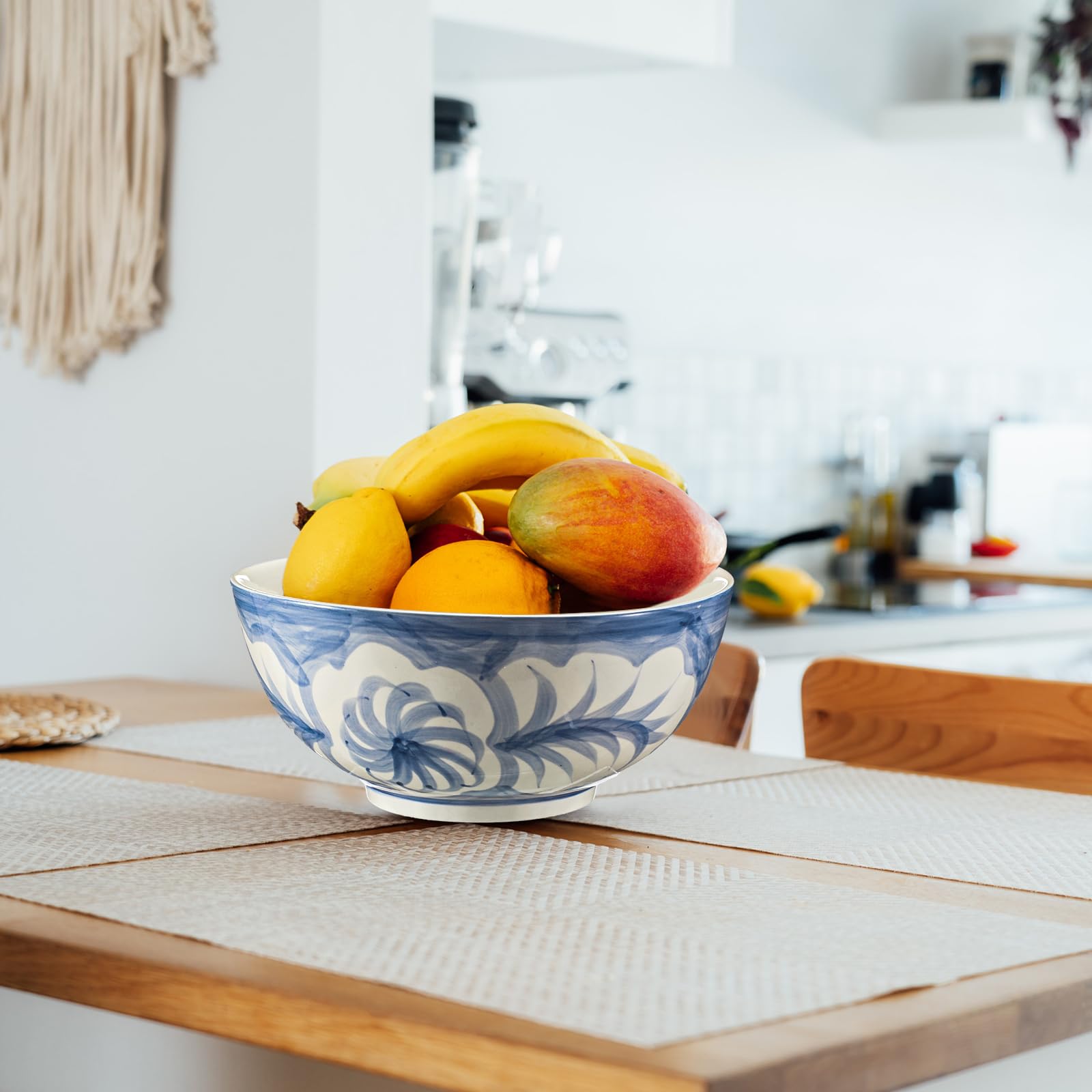 Maxdot Bol en grès peint à la main avec motif floral, bols décoratifs bleus et blancs de 25,4 x 12,7 cm en porcelaine pour salade, céréales, soupe et fruits, décoration d'intérieur