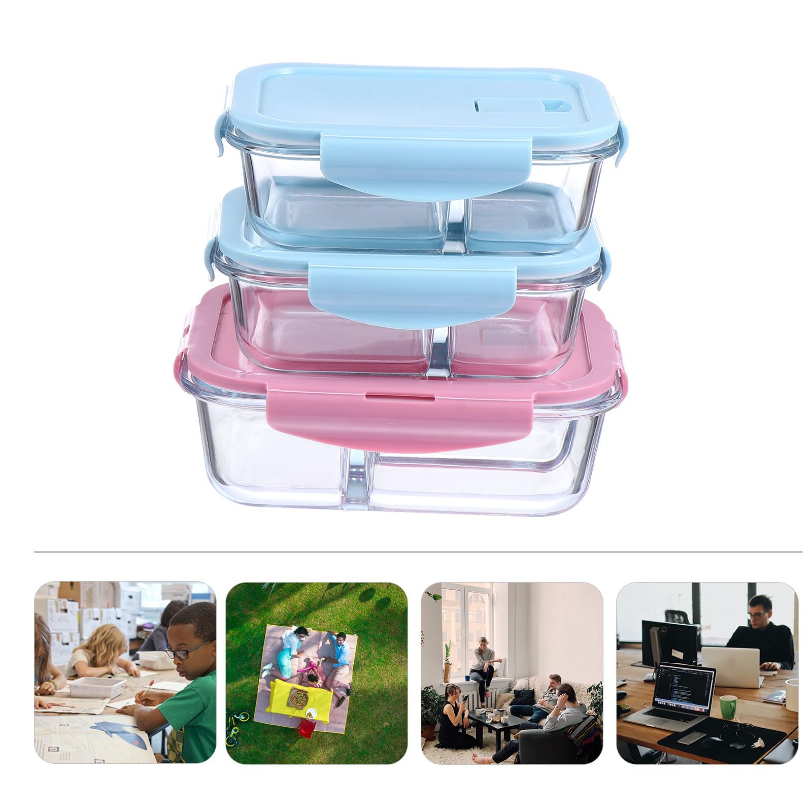 Set 3 Pezzi Contenitori Porta Pranzo in Vetro Scomparti, Doppia Chiusura Ermetica, Facile da Pulire, per Scuola e Ufficio, Design Resistente e Pratico