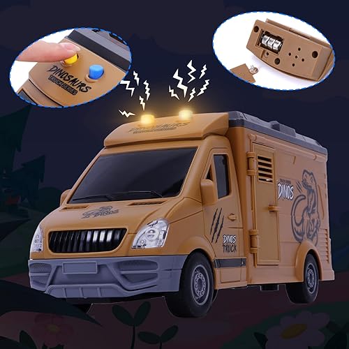 Miniatura 5 de Tacobear Camión de dinosaurio de juguete con luces y sonidos  Vehículo transportador de fricción de dinosaurio con 13 dinosaurios de juguete para