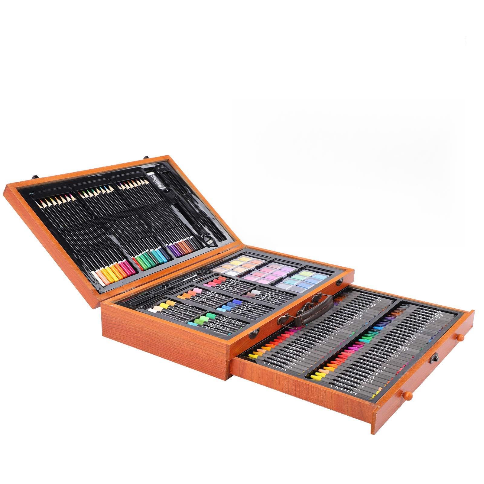 Sorandy Kunstset, 3-lagiges Komplettset aus Holz für Kinder und Erwachsene | Buntstifte, Buntstifte, Aquarellkuchen, Ölpastelle, Zeichenstifte, Aufbewahrung in der unteren Schublade, für studentische