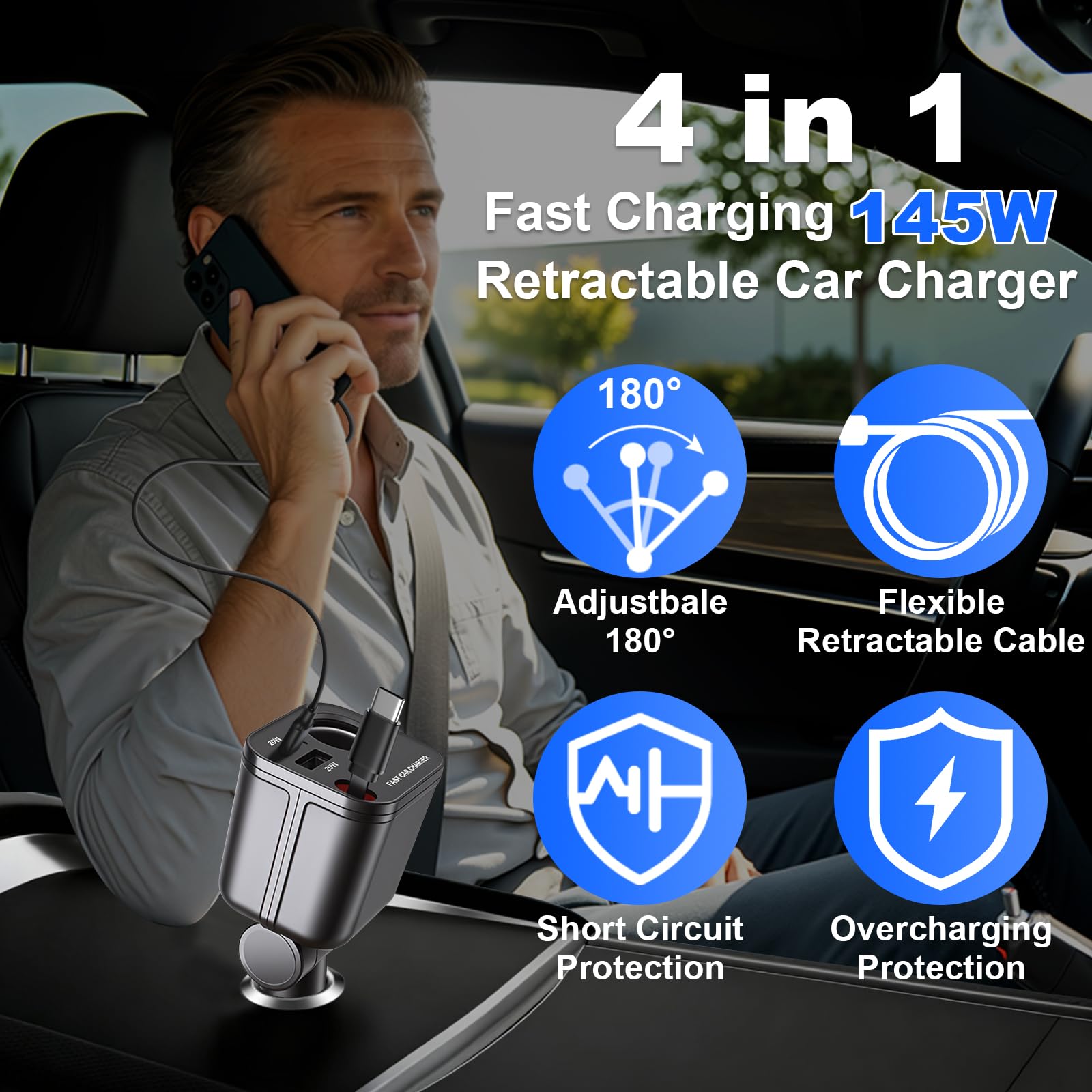 4 in 1 presa accendisigari USB C, 145 W, caricatore da auto con cavo retrattile di tipo C, adattatore USB da 12 V/24 V, compatibile con iPhone17/16/Samsung S26