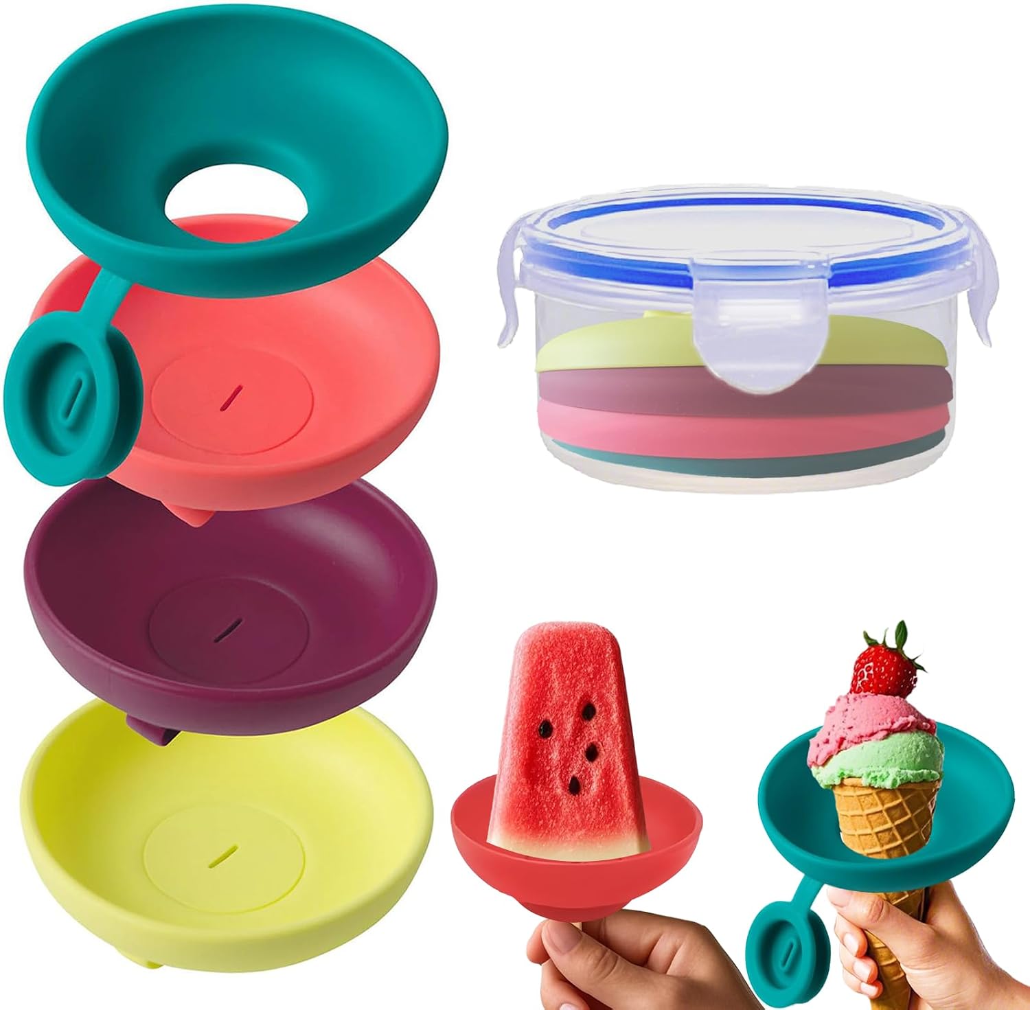 Silicone Popsicle Holders, 2-in-1 Mess Free Ice Cream Cone Holders for Kids, Reusable & Dishwasher Safe Popsicle Drip Catcher for Parties, Picnics, Home(Large 4 Sticks)