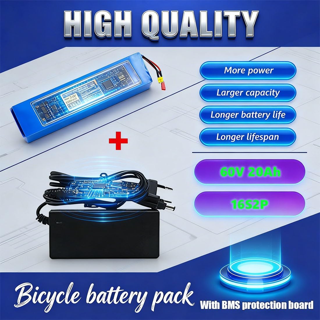 60V 20Ah Elektrofahrrad Batterie 16S2P E-Bike Akkupack Wasserdichter PVC-Akku Mit 67.2V 2A Ladegerät Für 200W 500W 800W 1000W Elektrisch Bike Scooter Moto Motor
