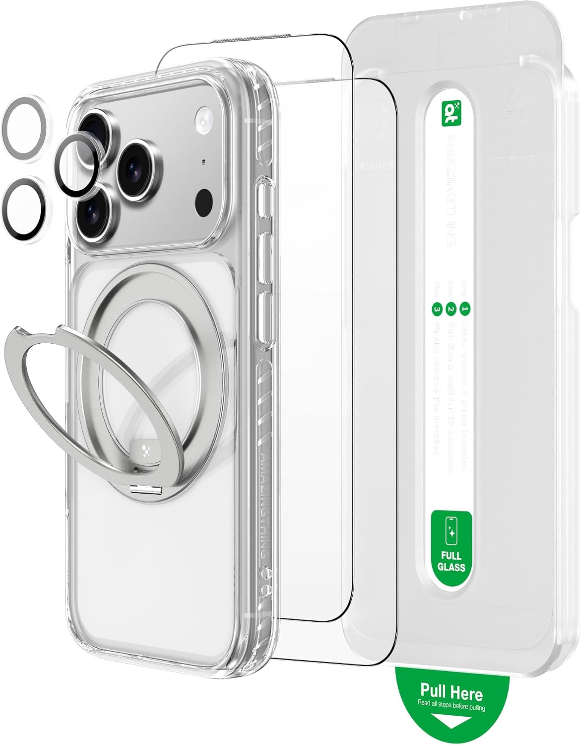 AMAZINGthing for iPhone 17 Pro Max [Titan Series Bundle Set] MagSpin Case Set, 2 Vision 7 Full Glass, AR Lens Covers, X-Cushion Pro 7 Shock Protection, UV Anti-Yellowing, Alignment Kit, Clear