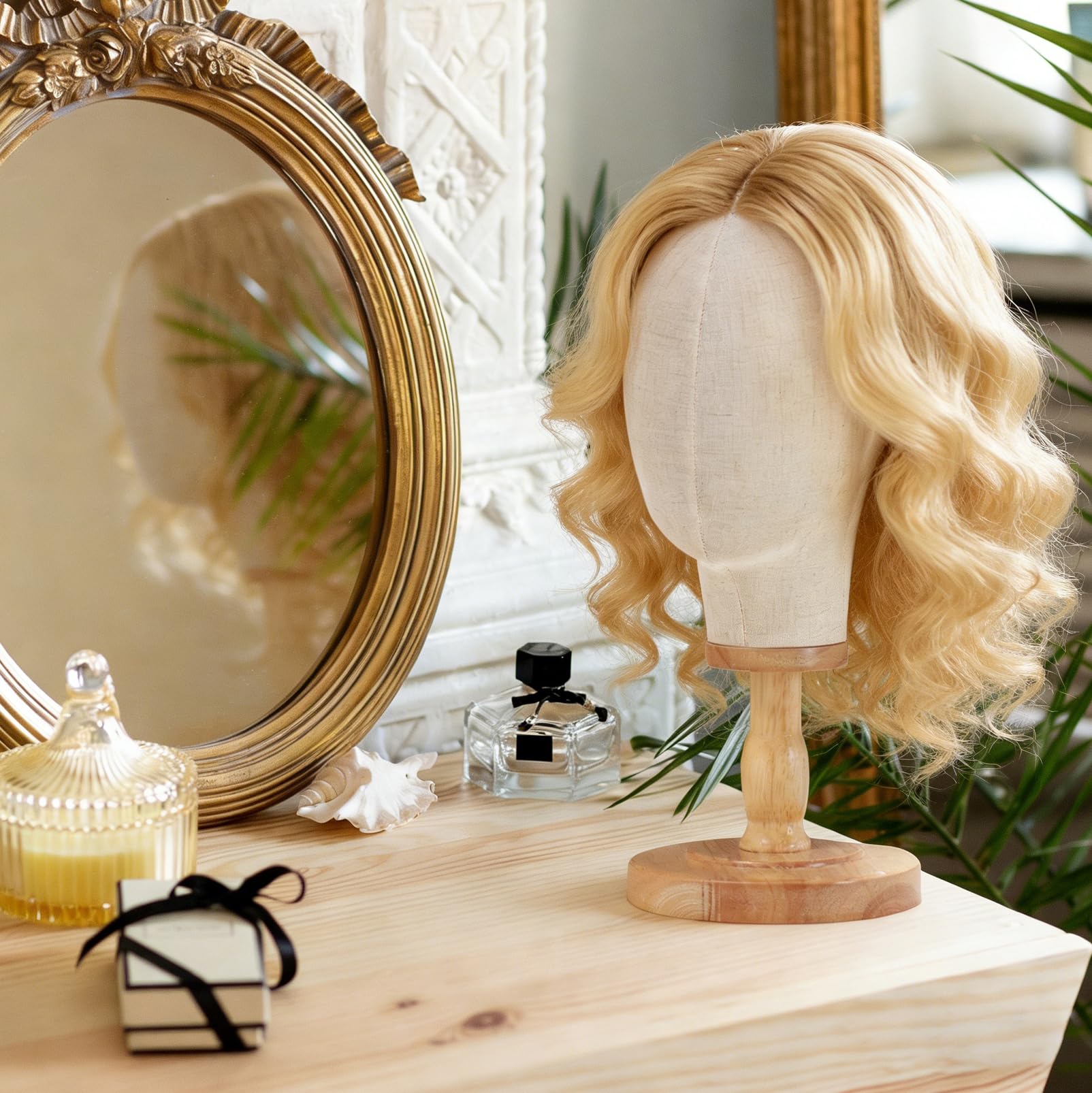 LIROPAU Standfester Perückenkopf 21"/54 cm, Mannequin Kopf aus Canvas mit Holzsockel, stabiler Perückenständer für Perücken, Hüte, Mützen, Kopfbedeckungen, Wig Stand für Präsentation, Salon, Zuhause