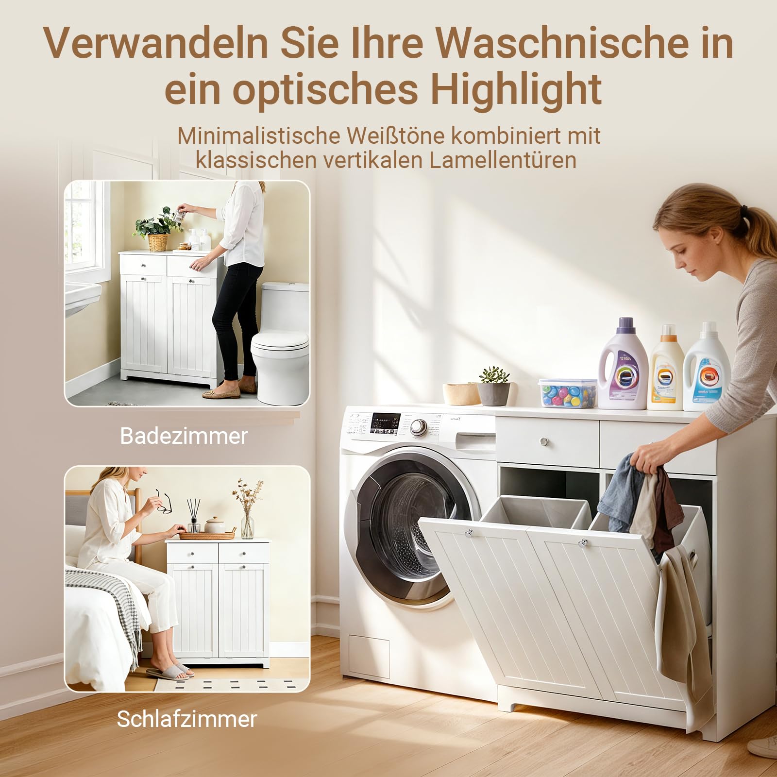 SoBuy Badezimmerschrank mit Wäschekorb 90L Kapazität 78x38x90 Badezimmer | Wäscheschrank mit 2 Wäschekippern, Wäschesammler Schrank robust für Waschküche MDF BZR33-II-W