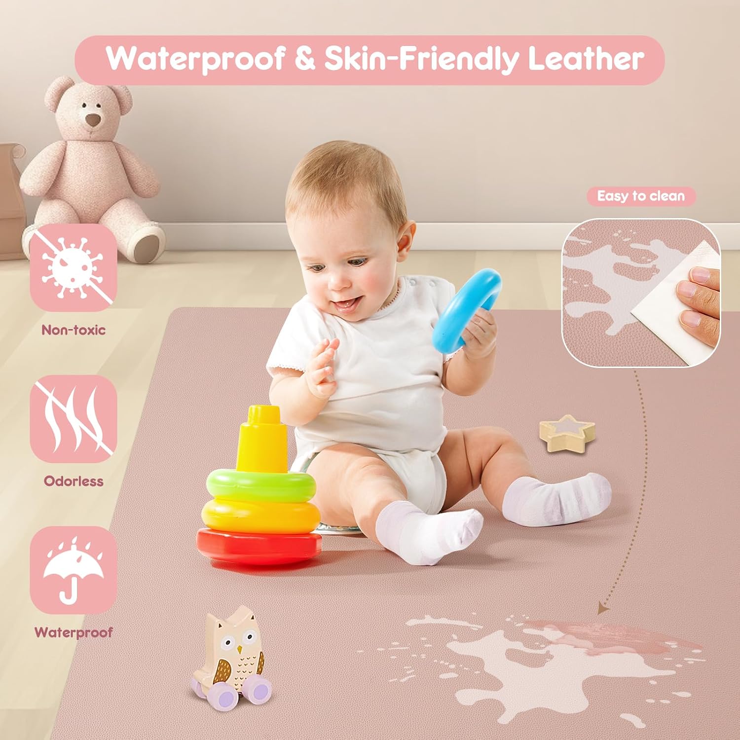 Padded Baby Play Mat, Super Soft Vegan Leather Floor Mat for Baby Girls and Boys, 48x48 Non-Slip Thick Foam Cushioned Play Mat for Babies 6-12 Months, Fits Nicely Into 50x50 Playpen Mat, Pink