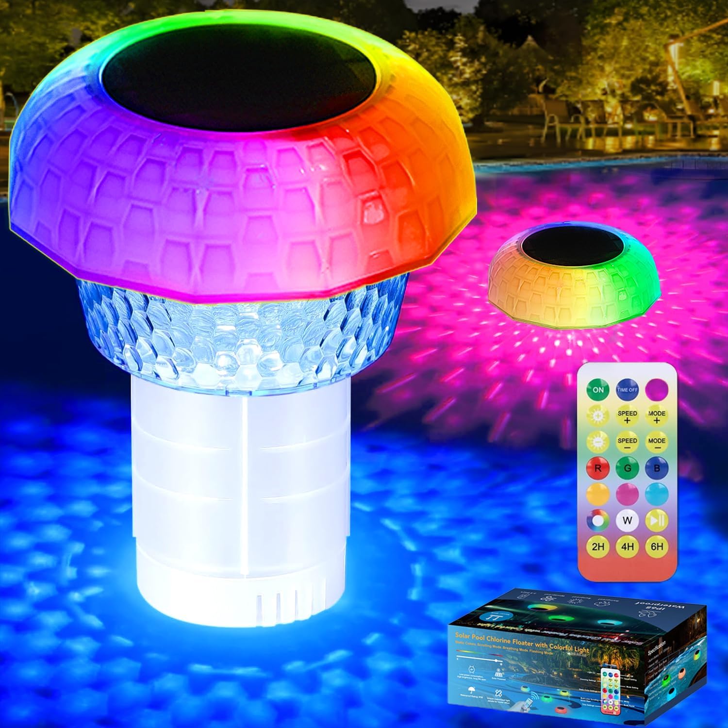 Solar Pool Chlorine Floater with Colorful Lights, Adjustable Tablet Floater for 1" & 3" Tablets, Anti-Sinking Chlorine Dispenser with Adjustable Release Outlets for Pool Hot Tub Spa