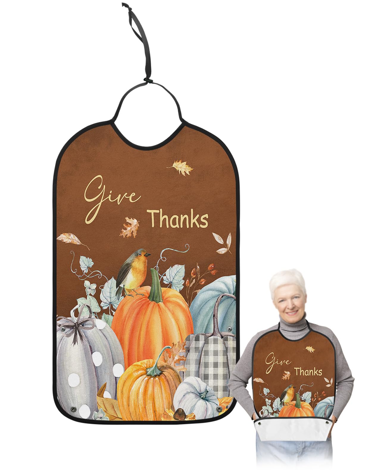 Brown Pumpkins Adult Bib for Eating with Crumb Catcher,Washable & Waterproof Terry Cloth Adjustable Elderly Women Men Bibs Funny Clothing Protector Thanksgiving Fall Abstract Boho Plaid Polka Dot