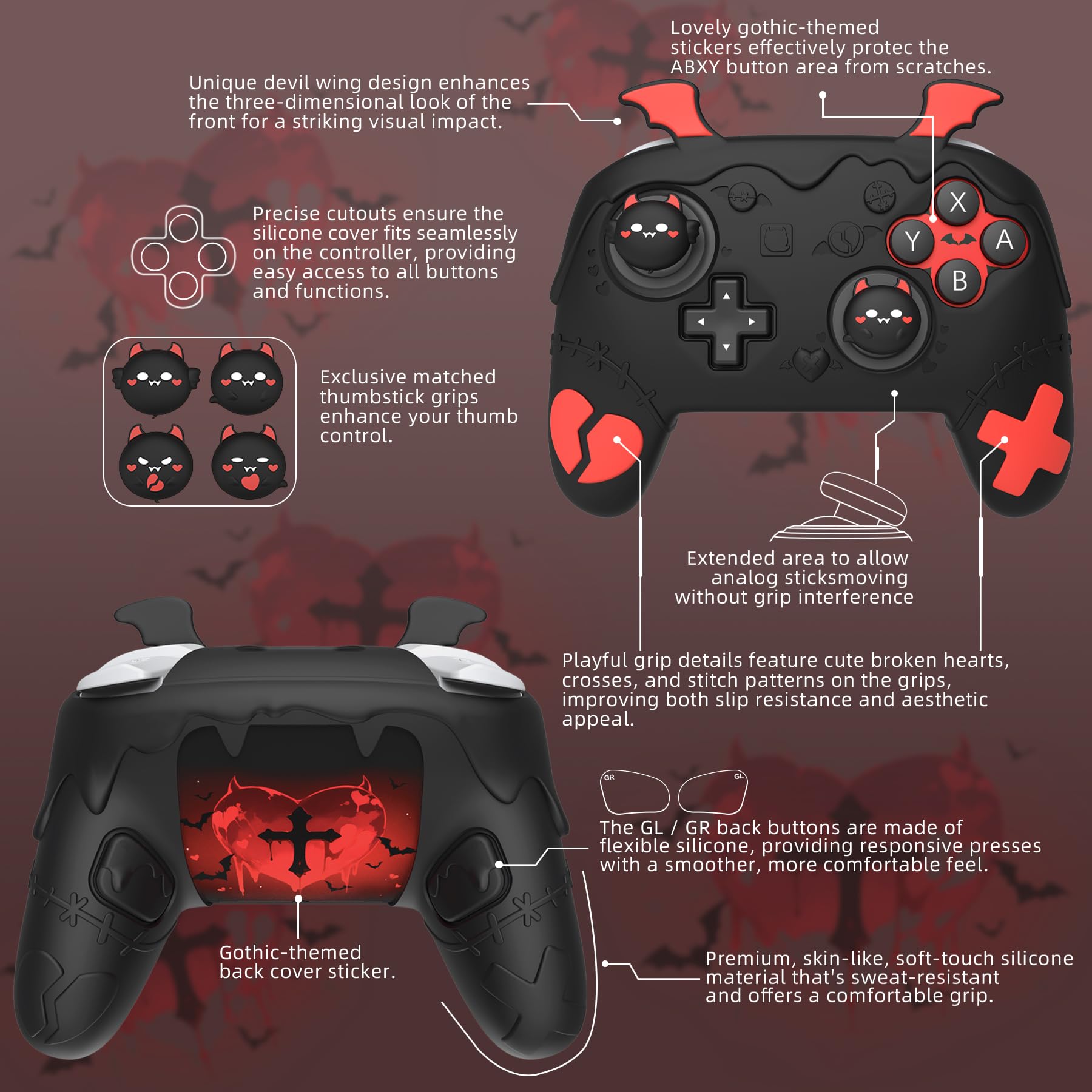 PlayVital Funda de Silicona para Nintendo Switch 2 Pro Mando - Carcasa Protectora con Tapas de Botón Trasero & Thumb Grips & Stickers, Antideslizante y Antigolpes - Diseño Gótico (Negro)